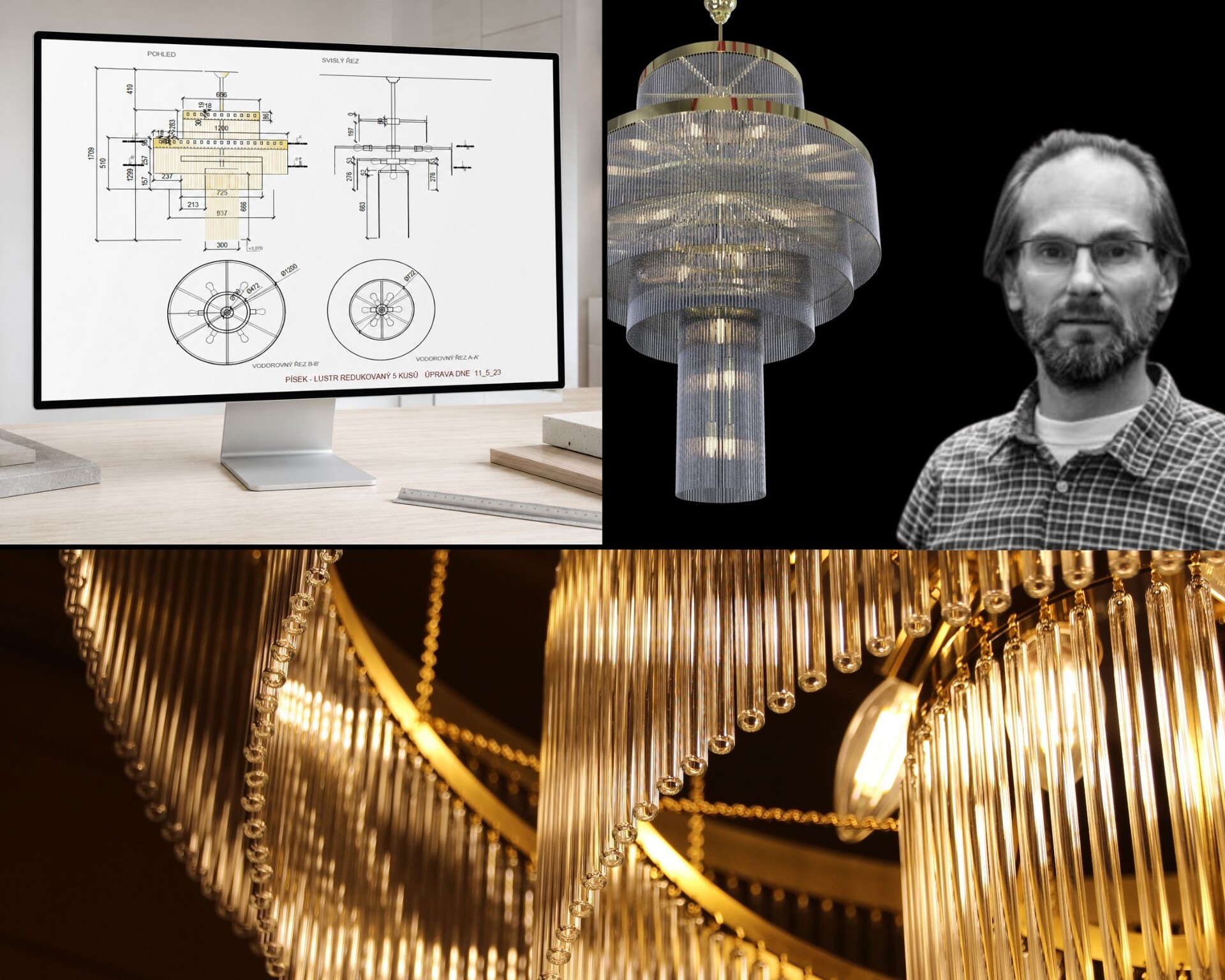 Production drawing of the chandelier, the finished fitting of brass rings and glass tubes, and a detail of polished brass with hand-cut glass