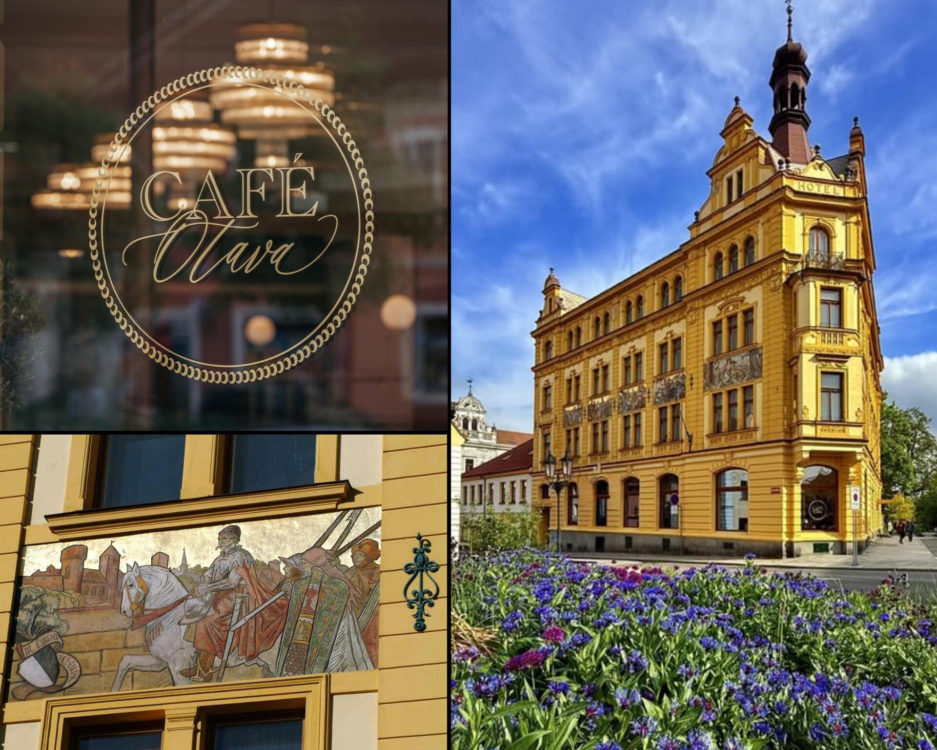 Neo-Renaissance building of Café Otava in Písek with sgraffiti by Mikoláš Aleš, a sgraffito detail and the gilded Café Otava lettering on the glass door