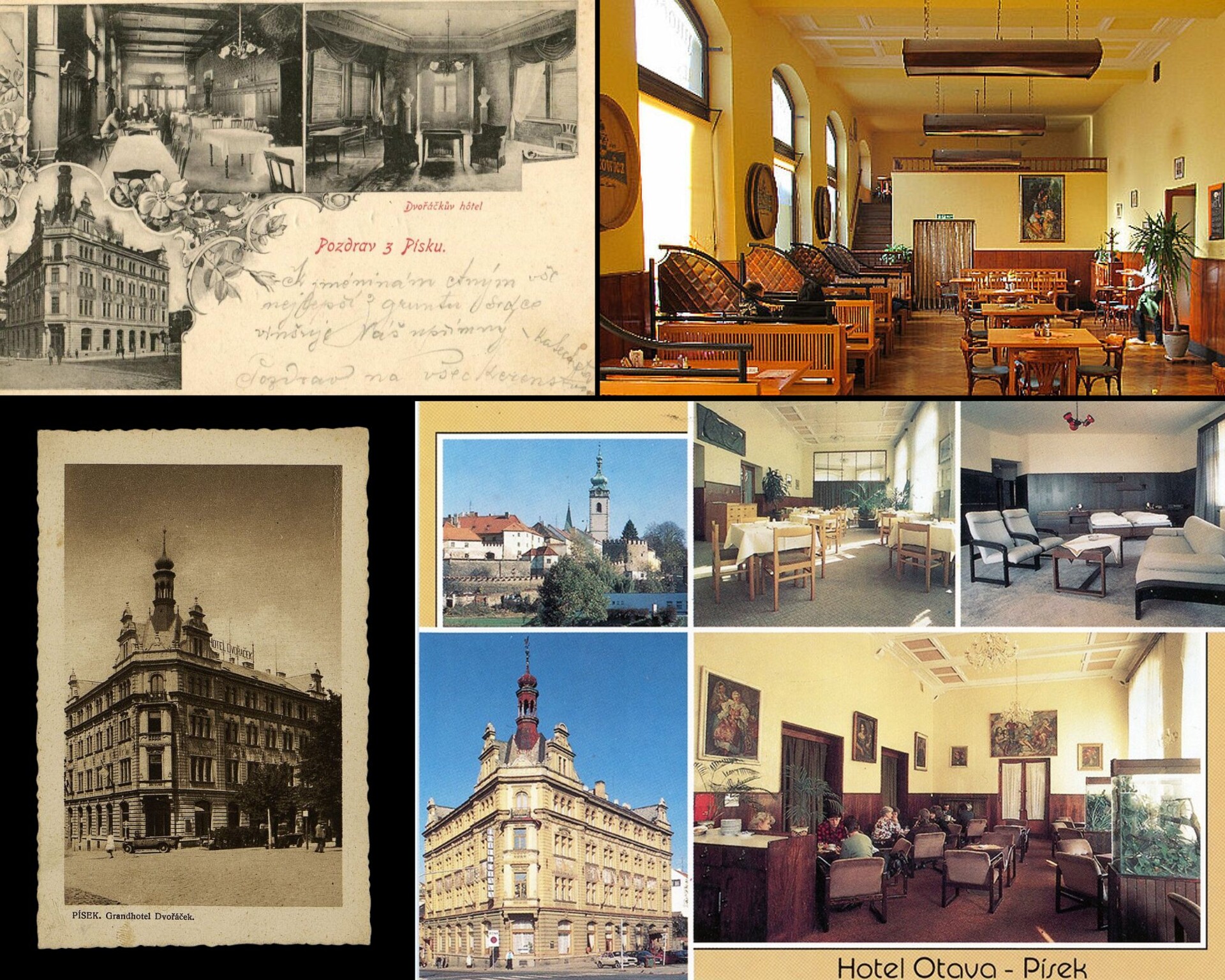 Period postcards of the Grandhotel Dvořáček in Písek and photographs of the Hotel Otava interiors from the second half of the 20th century