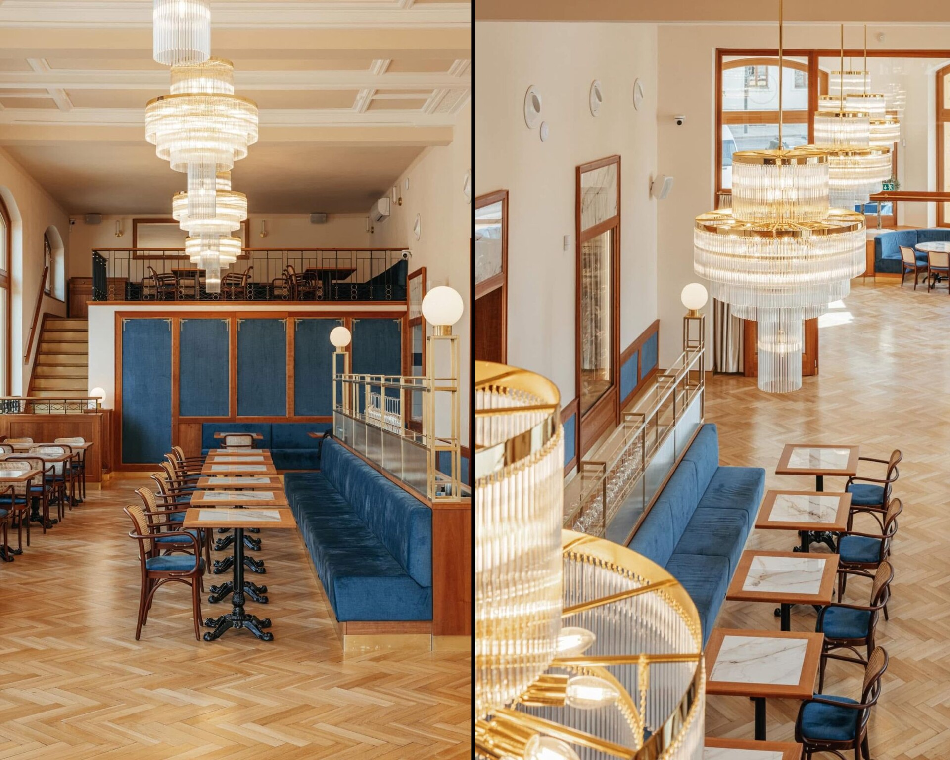 Dining hall of Café Otava with blue upholstered banquettes, herringbone parquet and layered brass chandeliers, on the right the view from the first-floor gallery