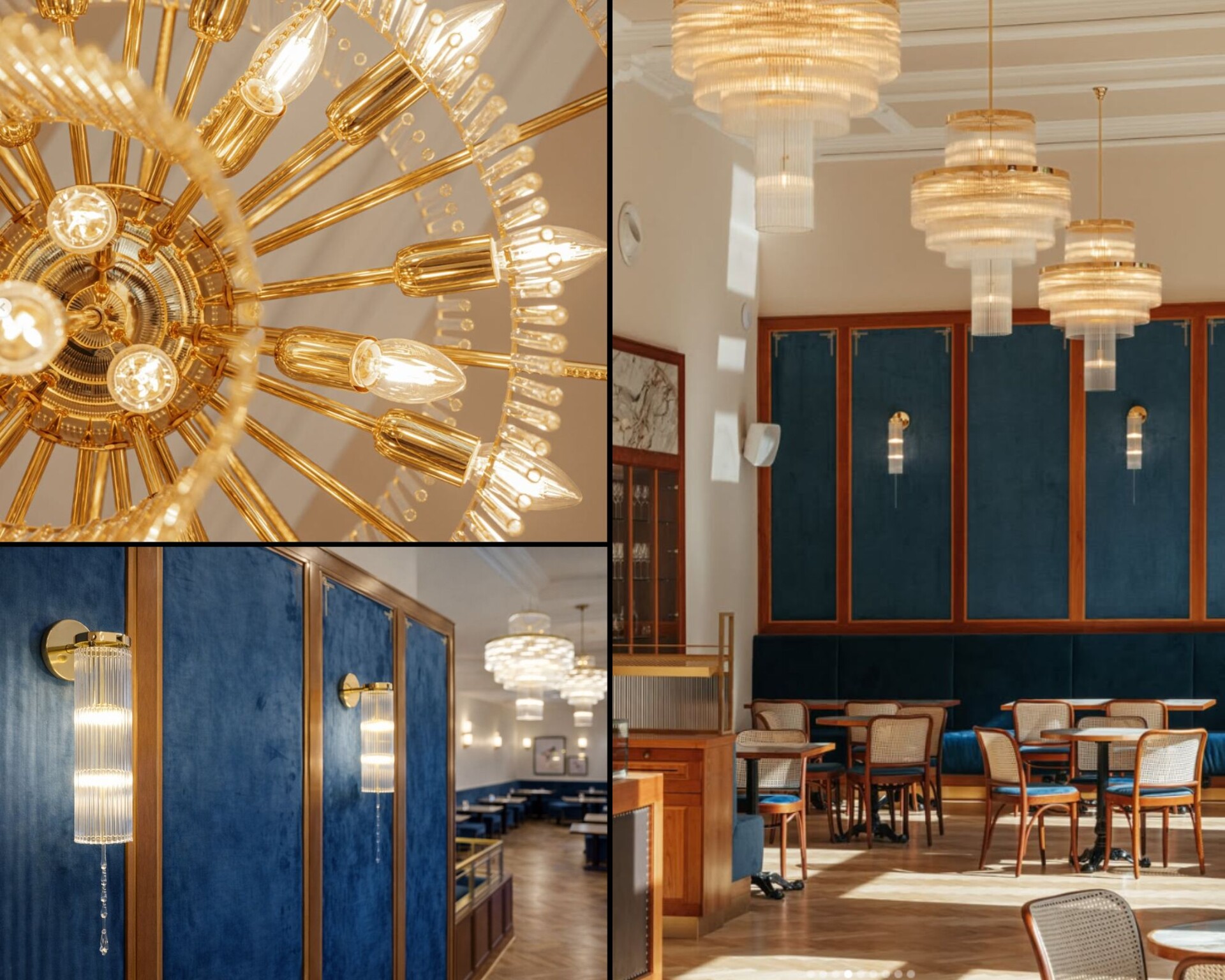 View up into the chandelier at the brass ring of bulbs, wall lights on a blue wall, and the dining hall of Café Otava with three pendant chandeliers