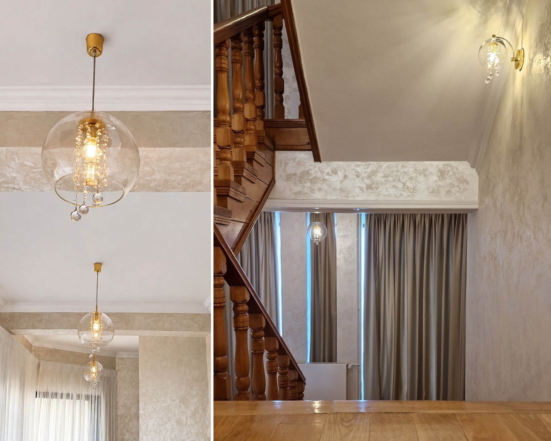 Glass pendant light from the L-TAL collection illuminating a hallway, and a crystal wall light above a spiral wooden staircase
