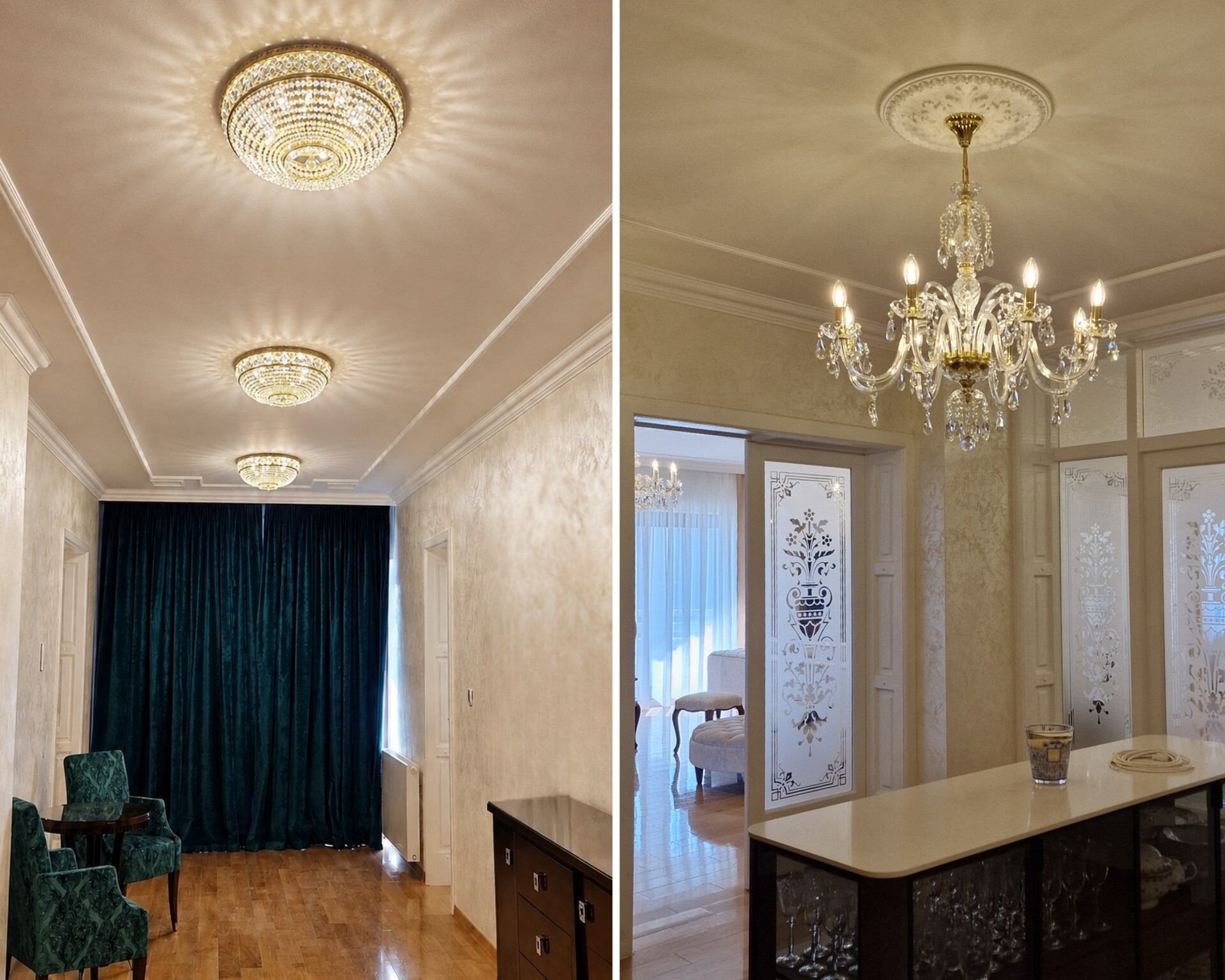 Recessed ceiling light in the hallway and an eight-arm crystal chandelier in the space in front of the sandblasted glass doors to the dining room