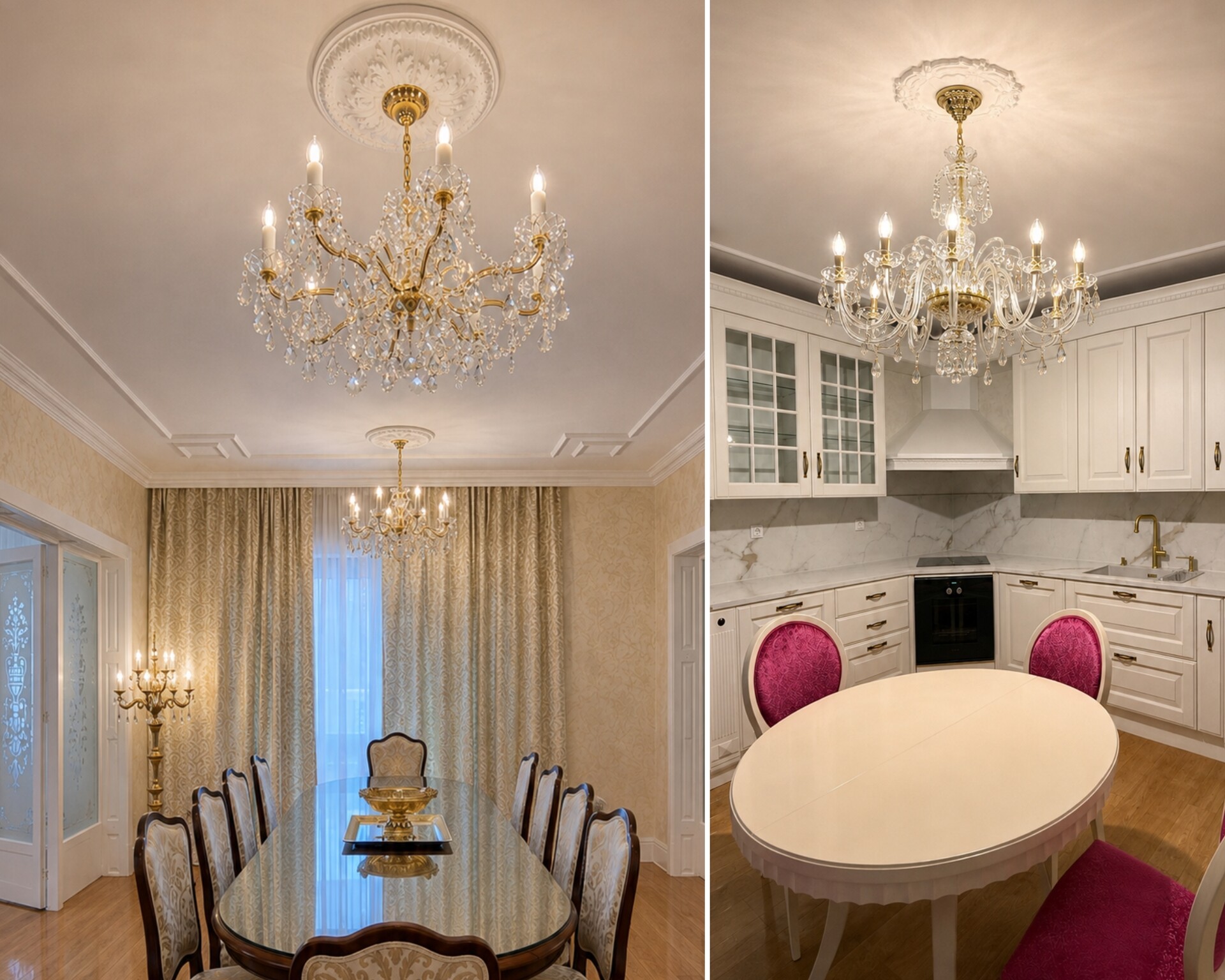 Crystal chandelier above the kitchen counter and a chandelier above a dining table for ten