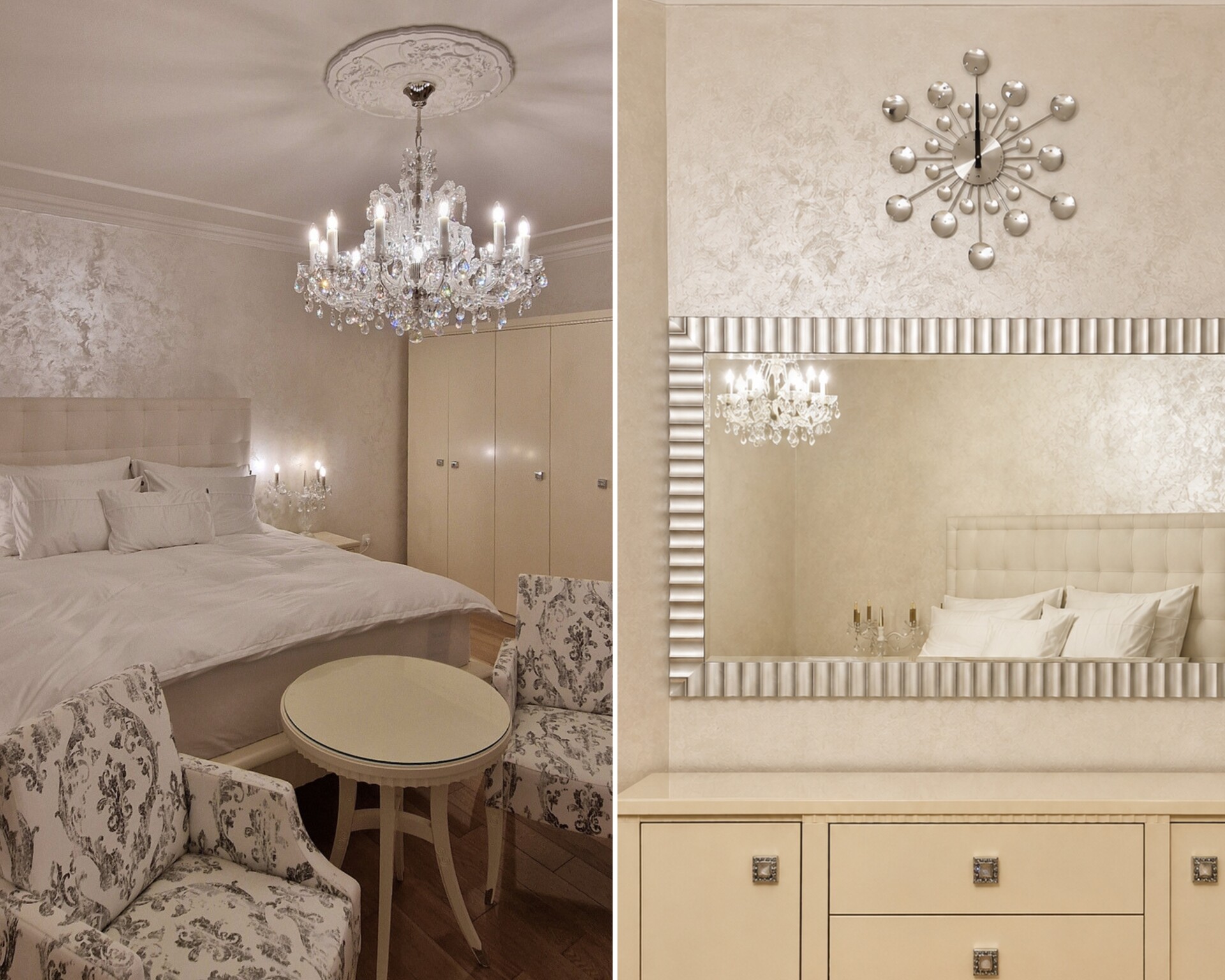 Guest bedroom with a Maria Theresa-style crystal chandelier and a mirror reflecting the fixture