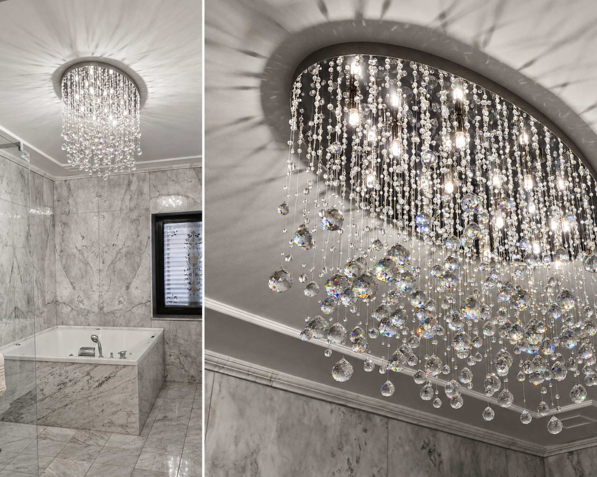 Marble bathroom with a bathtub and a ceiling light resembling water droplets
