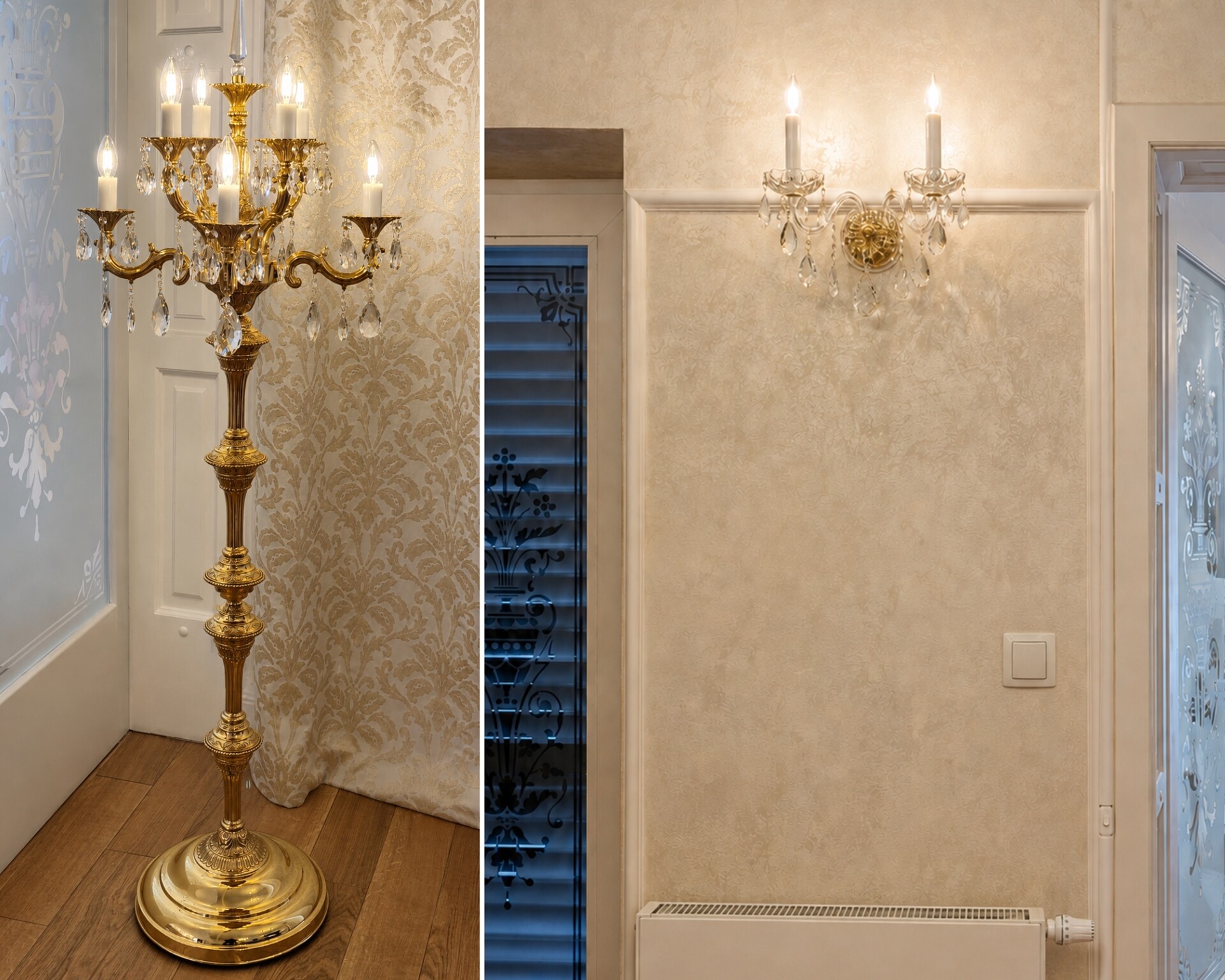 Crystal wall light with wiring hidden in decorative trim, and a gilded floor candlestick in the hallway