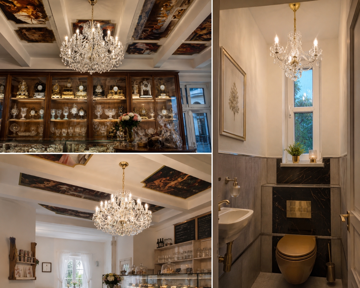 Three visualisations of ArtCrystal Czech crystal chandeliers in different interiors: a historic confectionery, a cosy country café and an elegant guest restroom.