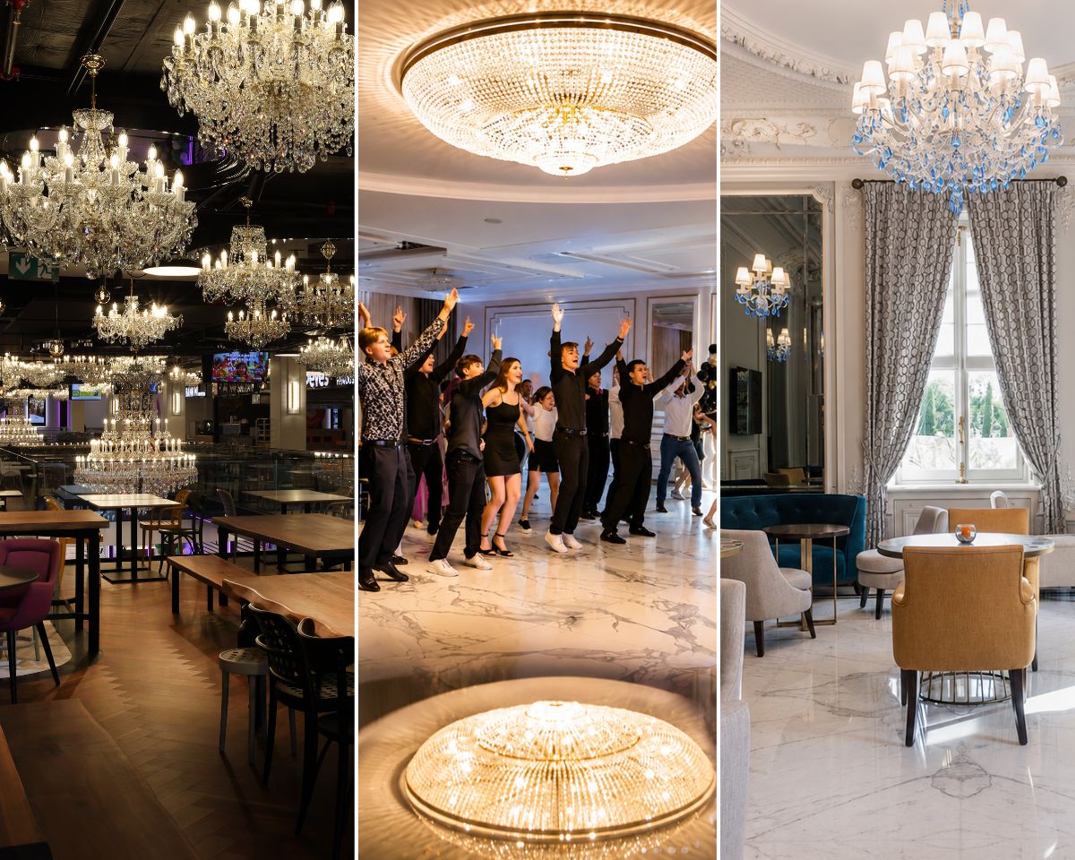 Interior of Bistro Bianco restaurant featuring a large crystal chandelier reflected in the polished marble floor. Interior of Villa Genesis hotel on the French Riviera with blue crystal pendant fixtures overlooking the sea.