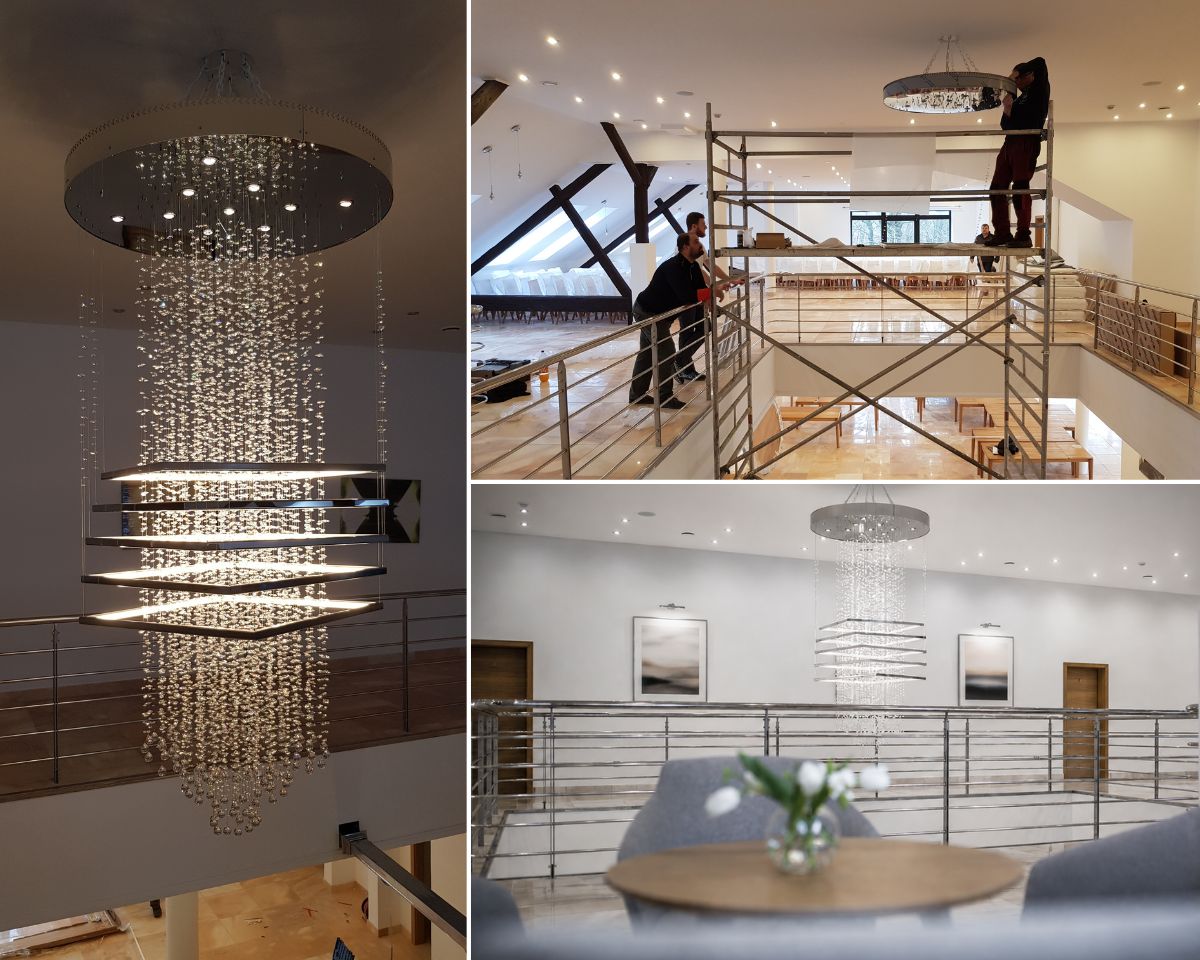 Interior of the Na Sklepích guesthouse in Chrudim with a 150 cm crystal fixture safely anchored into the load-bearing ceiling structure.