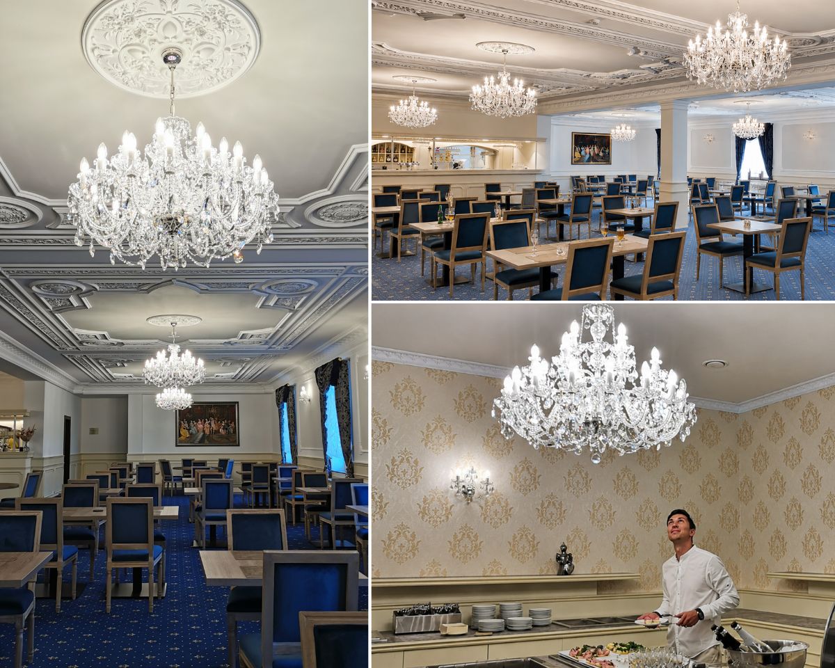 Restaurant of Chateau Šanov castle hotel with high stucco ceilings and a row of crystal chandeliers in Czech cut crystal.