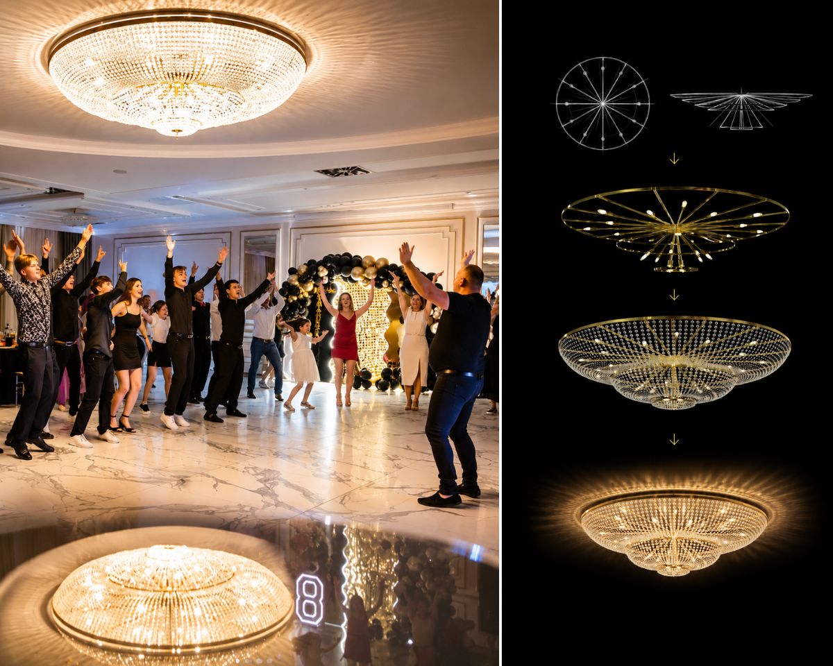 Interior of Bistro Bianco restaurant featuring a large 220 cm basket crystal chandelier set with hand-cut crystal pendants and mounted in a high-gloss circular ceiling recess.