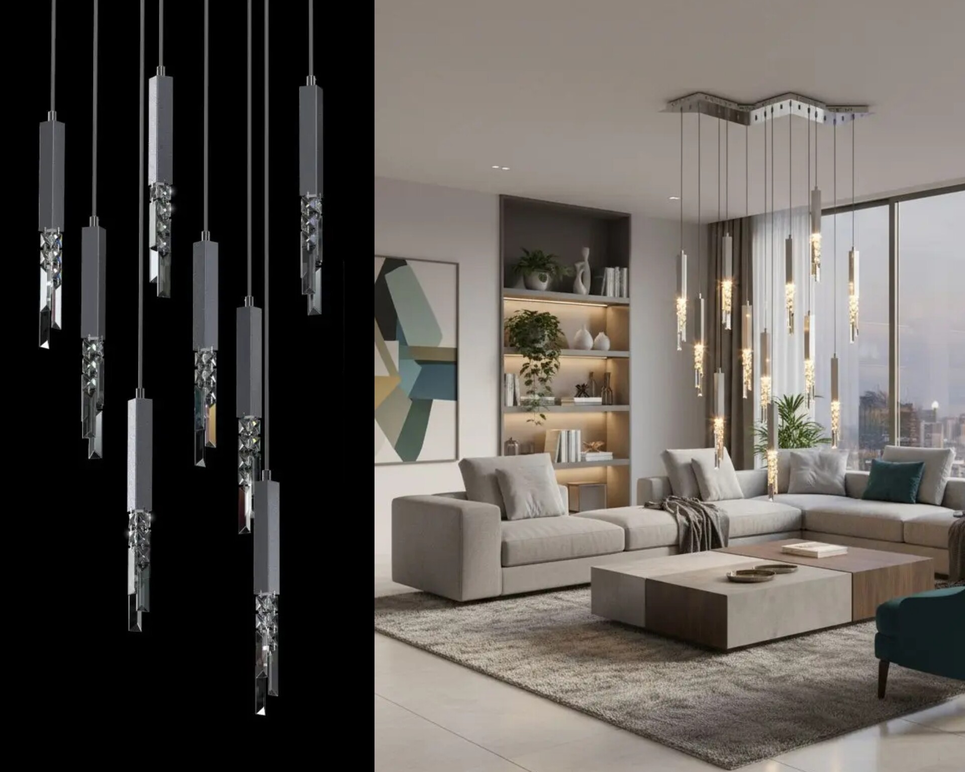 A lighting composition of four separate fittings with triangular bases that can be rearranged on the ceiling however you like: in a line, a square or a free scatter.