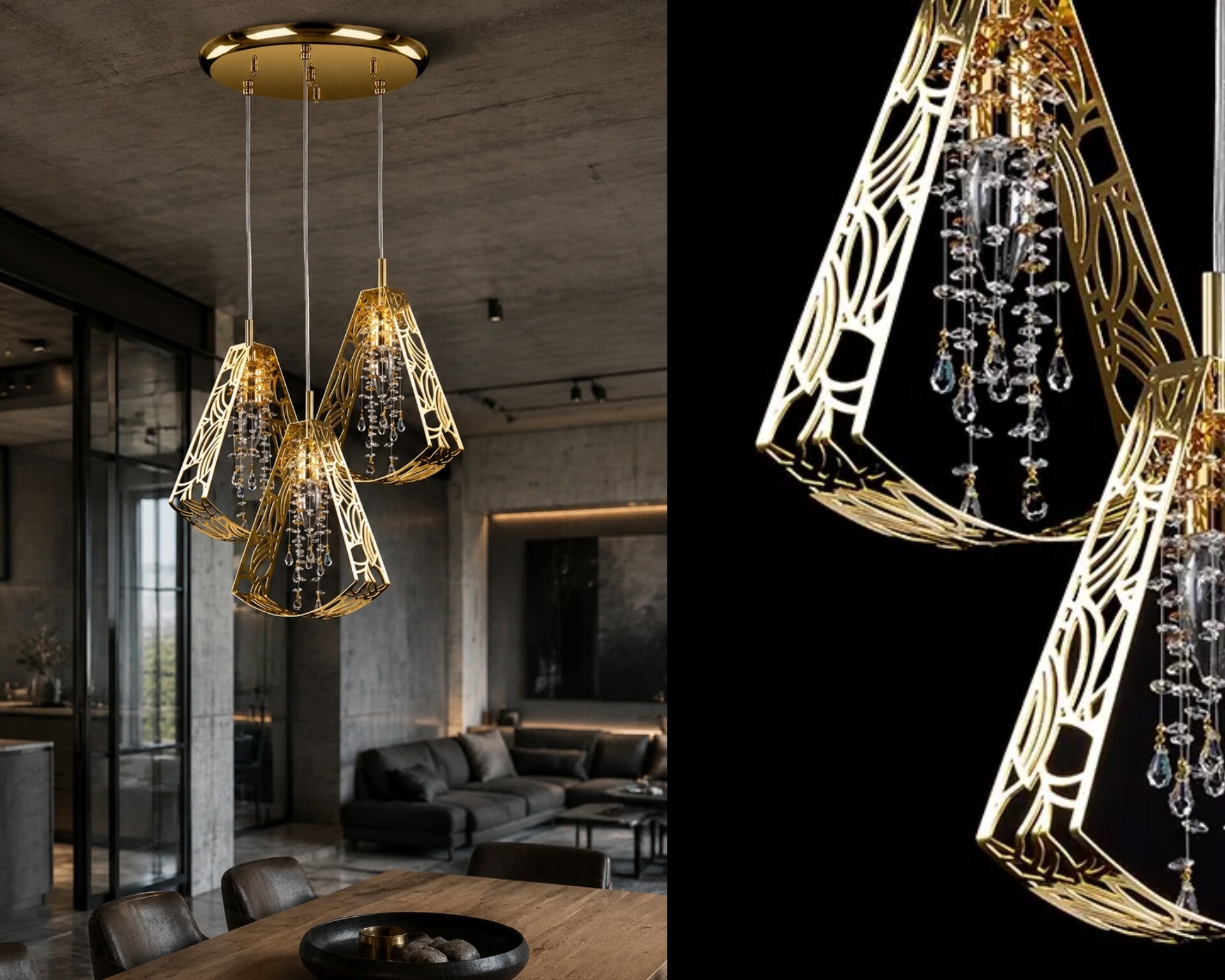 L-SWI-03 light with brass filigree and crystal trimmings in an industrial interior