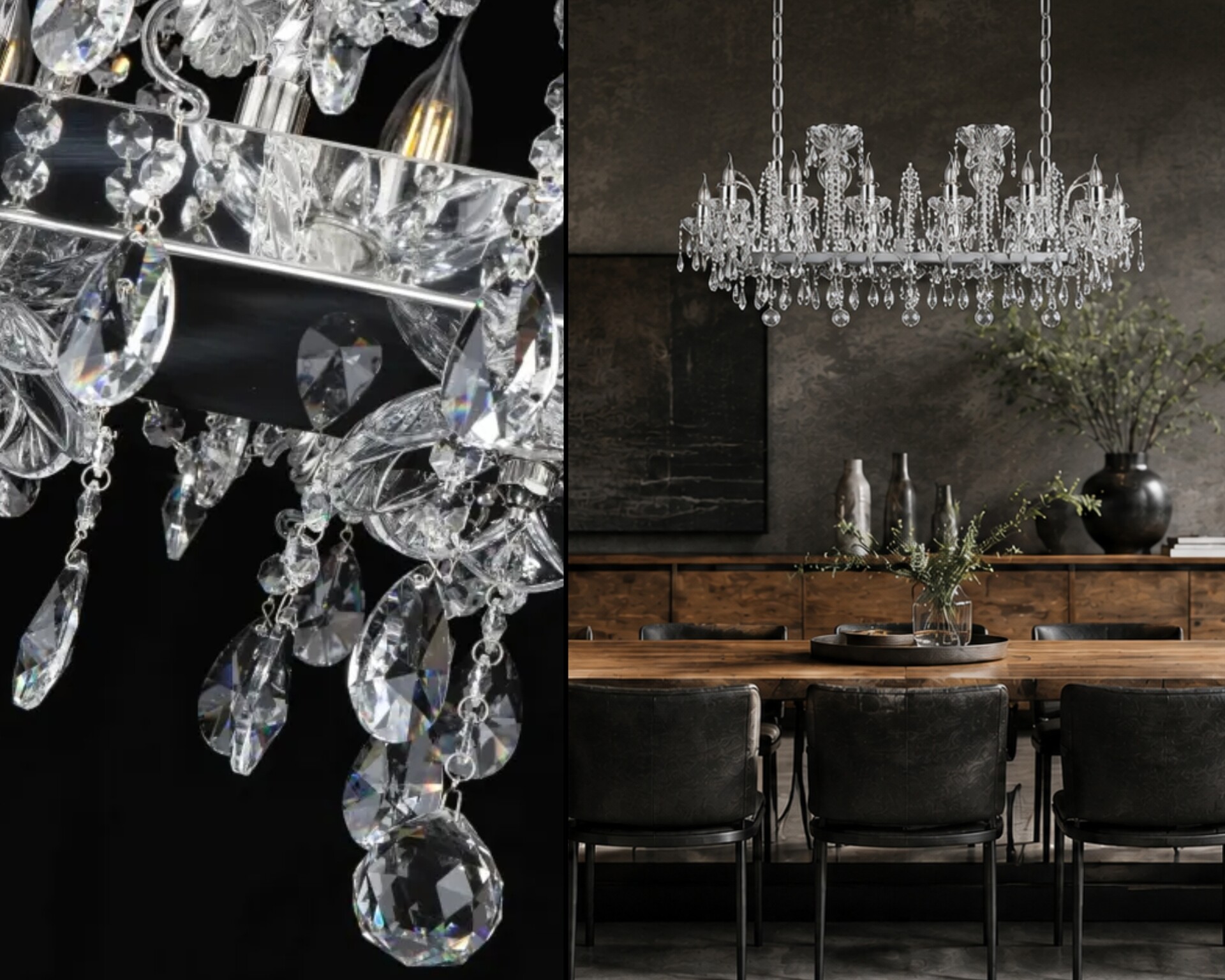 Oval crystal chandelier above a dining table