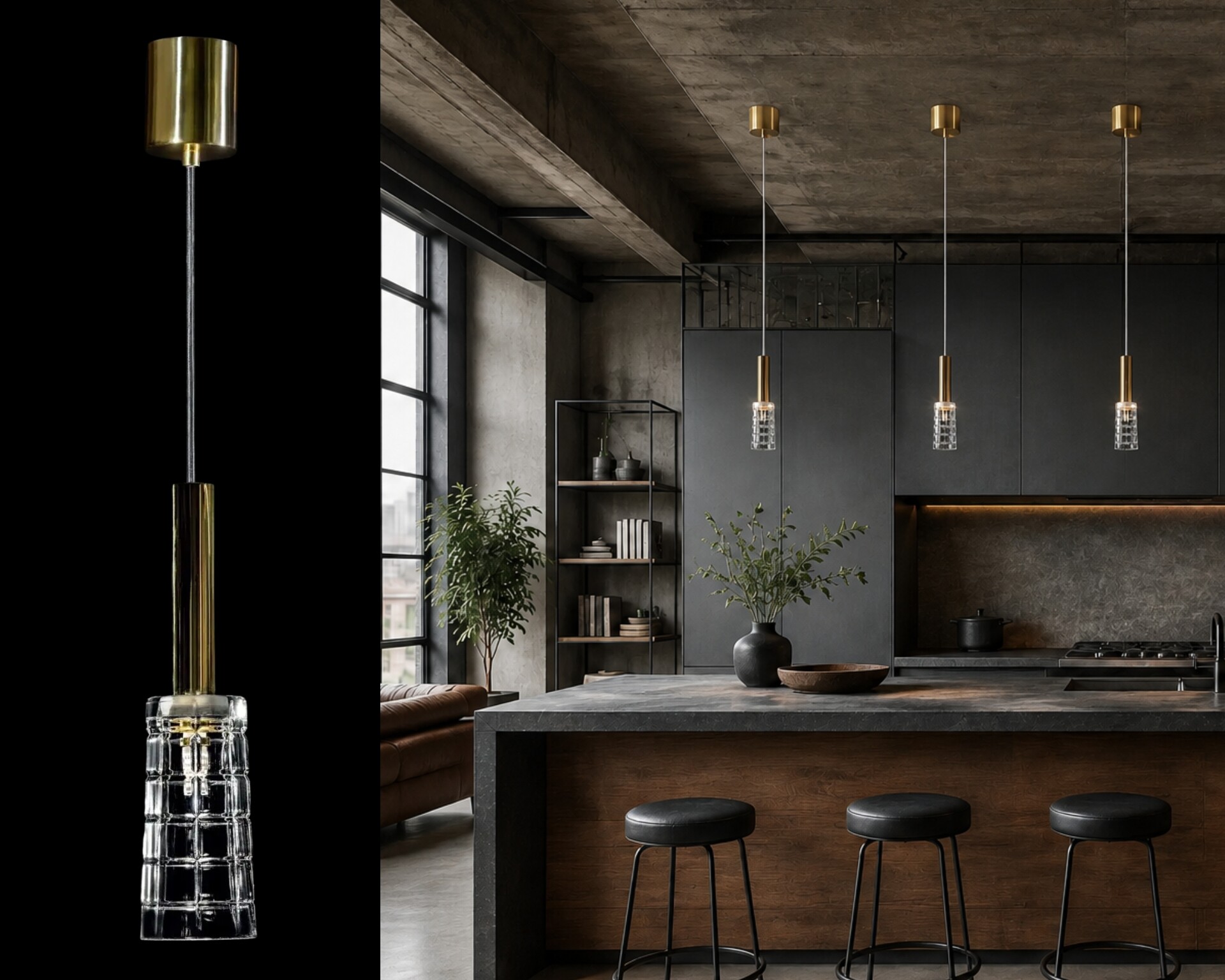 Three metal and crystal pendant lights in a gold finish above a kitchen island in an industrial-style kitchen.