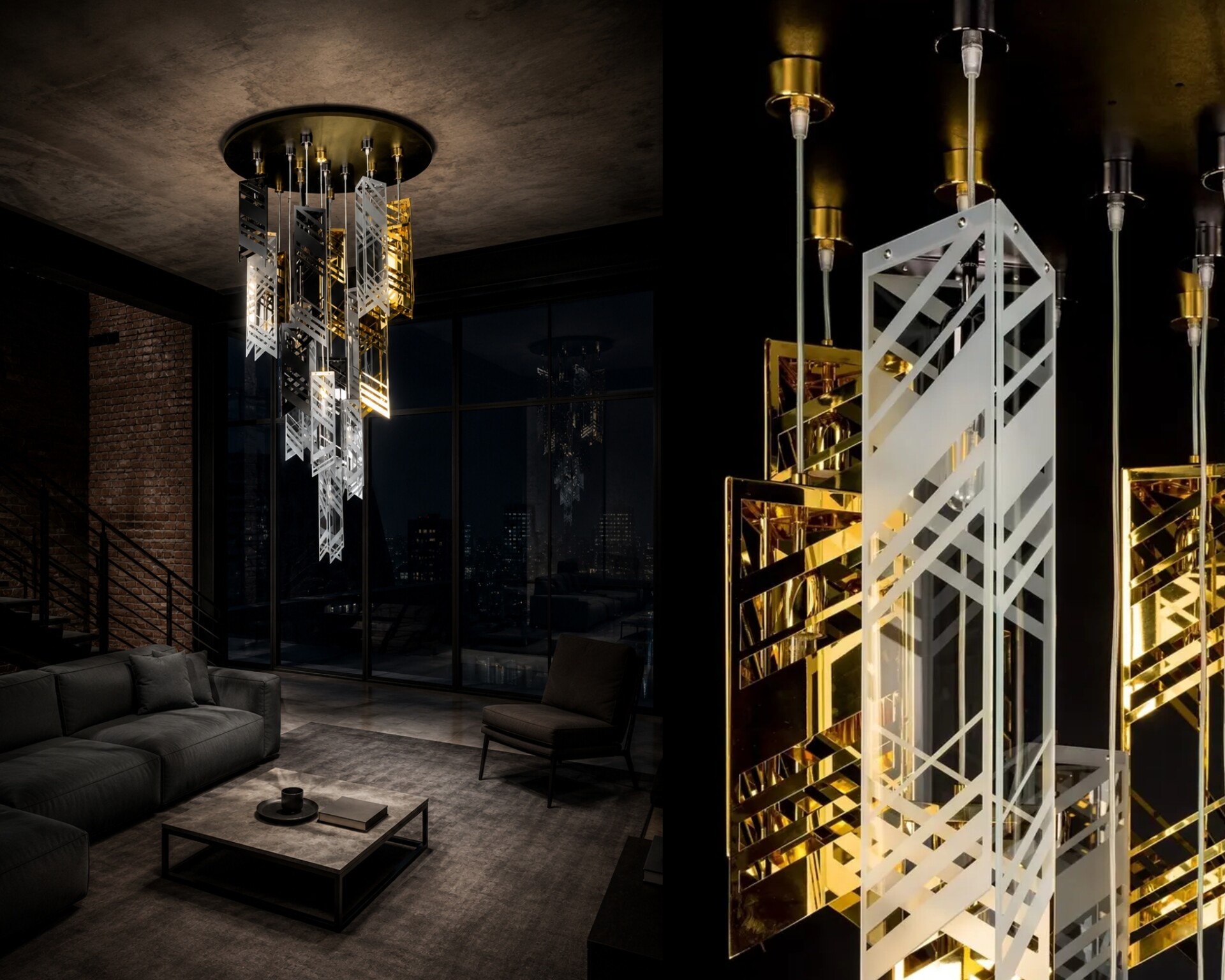 Design pendant light with a cascade of triangular metal and glass elements