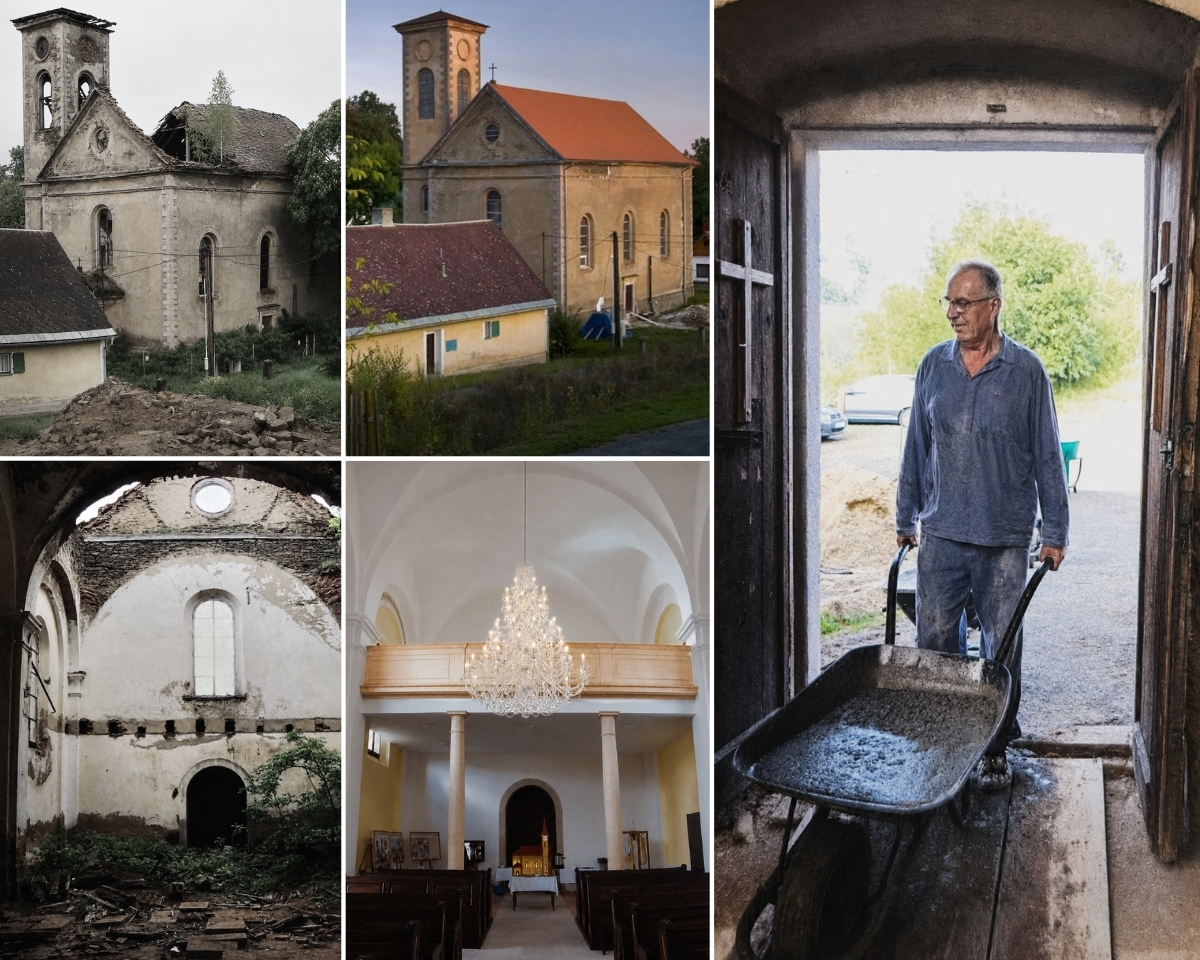The Church of All Saints in Boněnov before renovation, during construction work, and after the restoration was completed