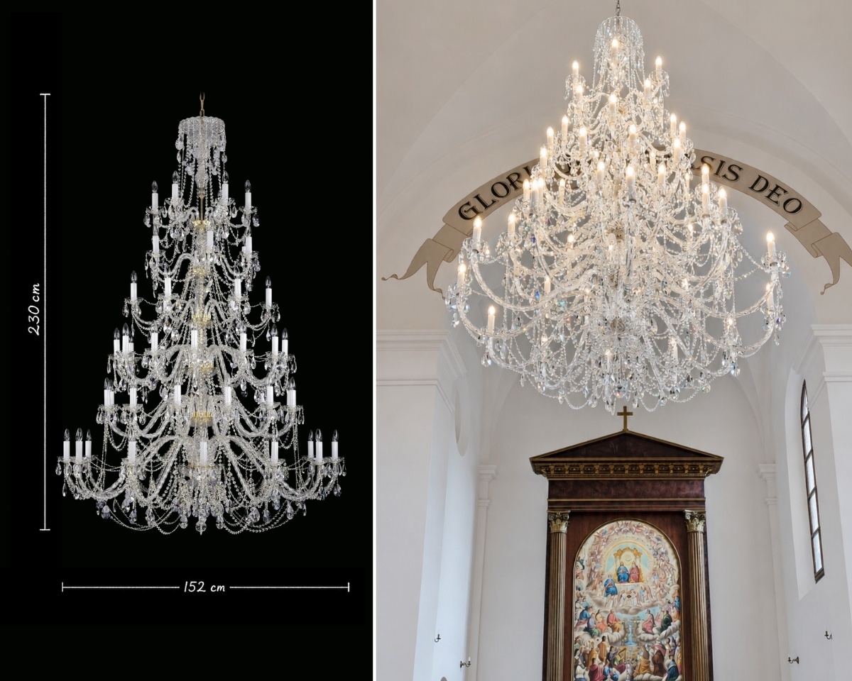 The AL061K crystal chandelier, 230 cm tall with a 152 cm diameter, installed in the Church of All Saints in Boněnov.