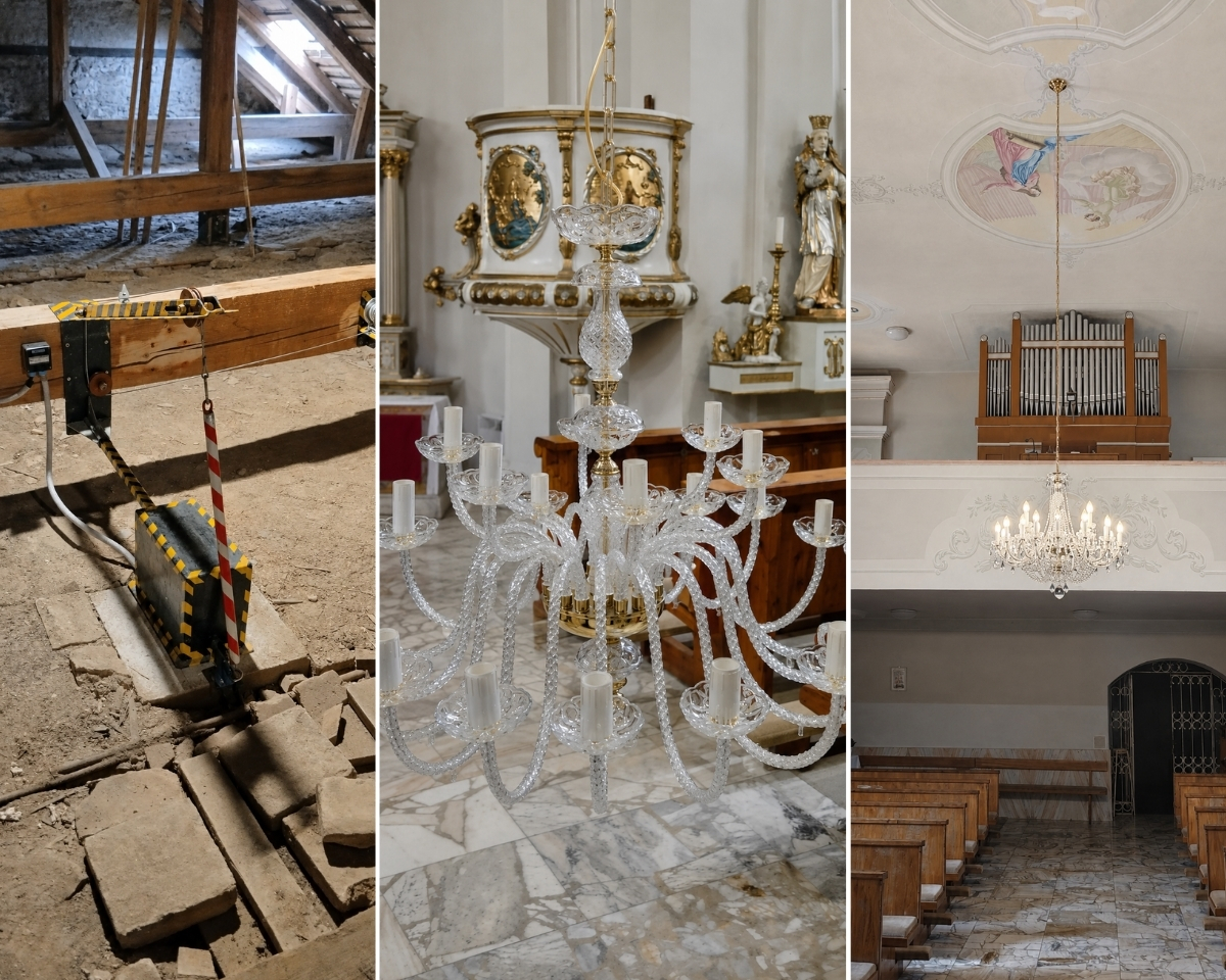 Installing the AL036K crystal chandelier using a winch, and its finished installation in the Church of St. Nicholas in Veľké Vozokany.