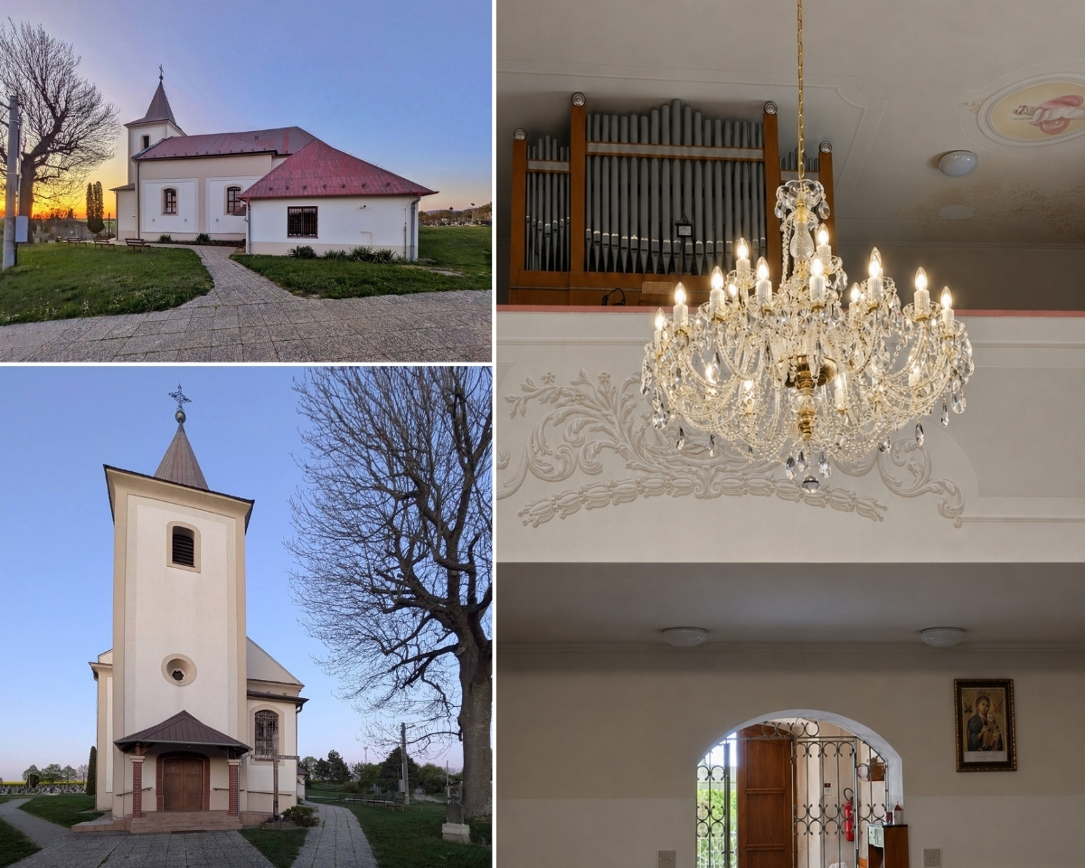 The Church of St. Nicholas in Veľké Vozokany and its interior with the AL036K crystal chandelier.