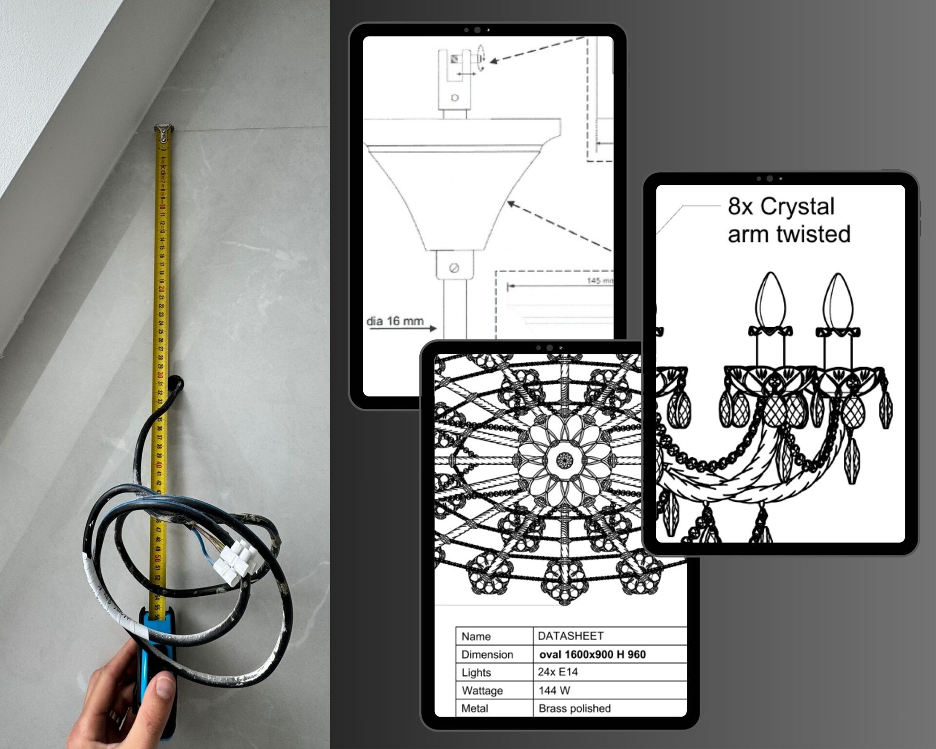 Precise measurement of the bathroom and technical drawings for a bespoke Bohemian crystal chandelier.