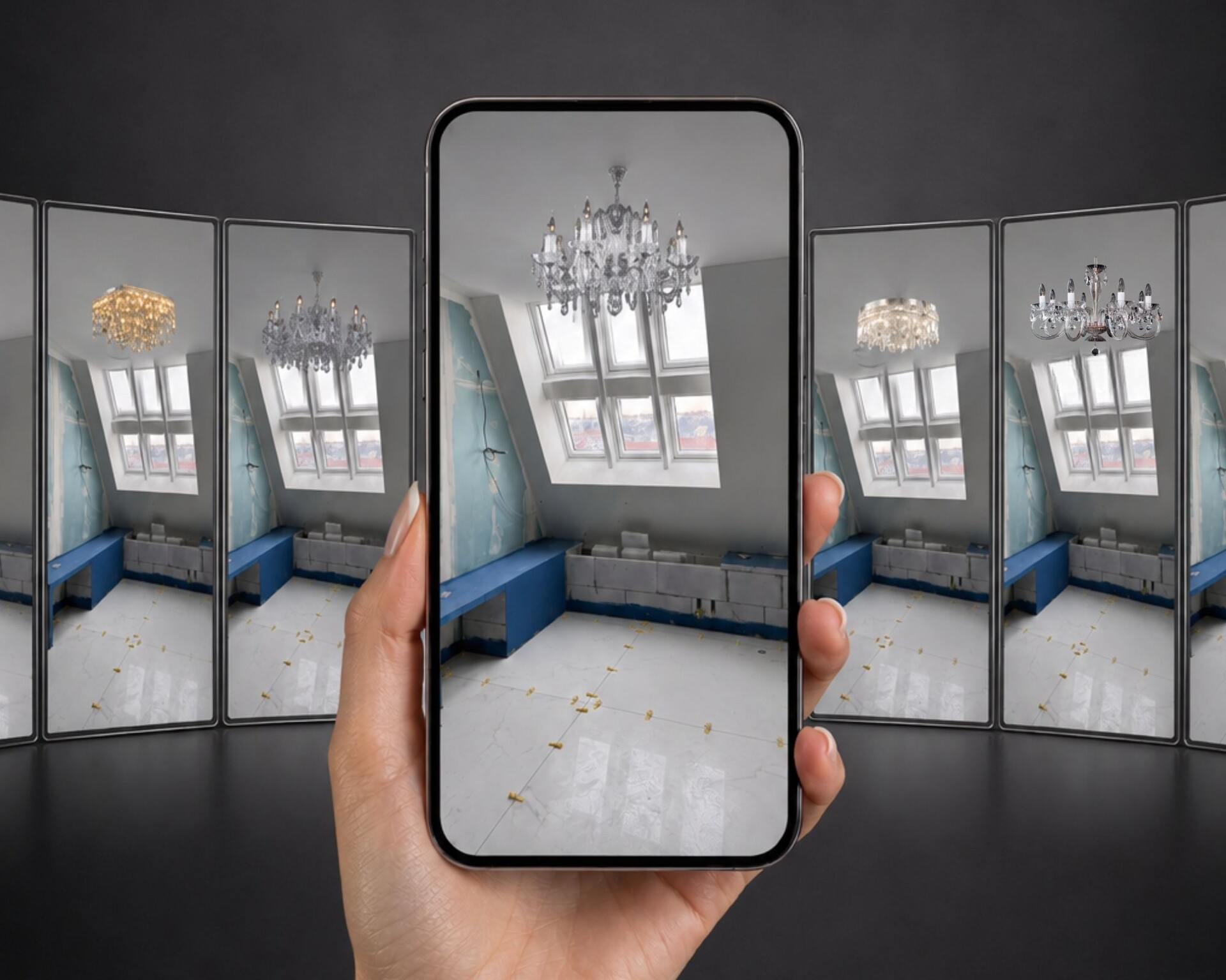 Visualisation of several Bohemian crystal chandelier options for the loft bathroom, shown on a phone.