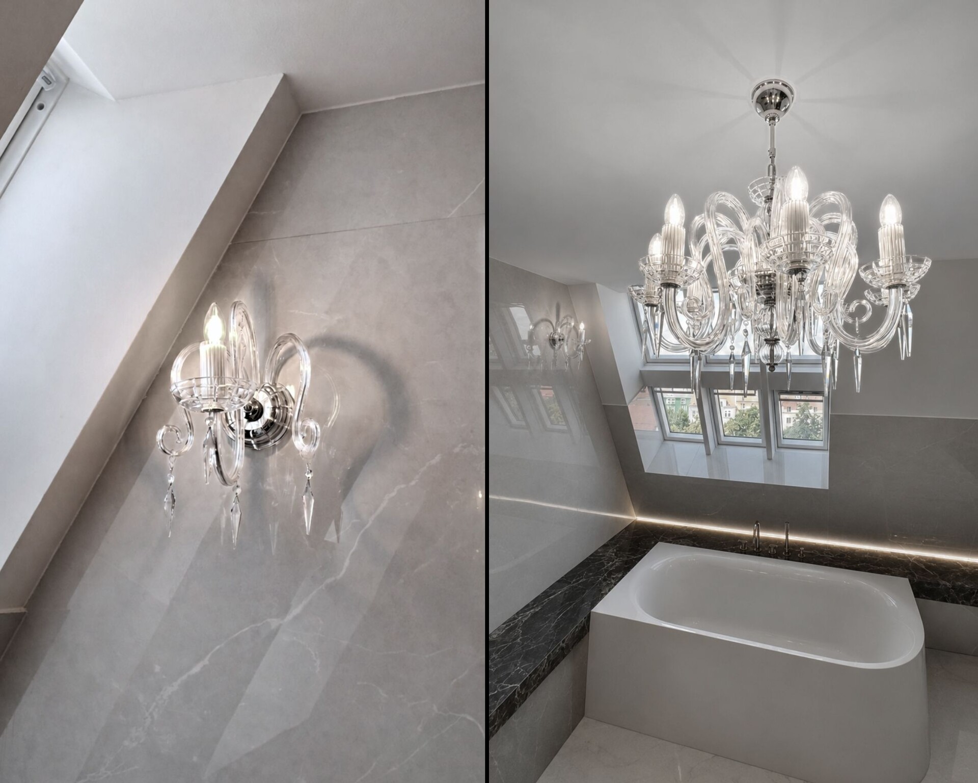 Crystal chandelier and wall lights in a loft bathroom with a freestanding bath and marble cladding.