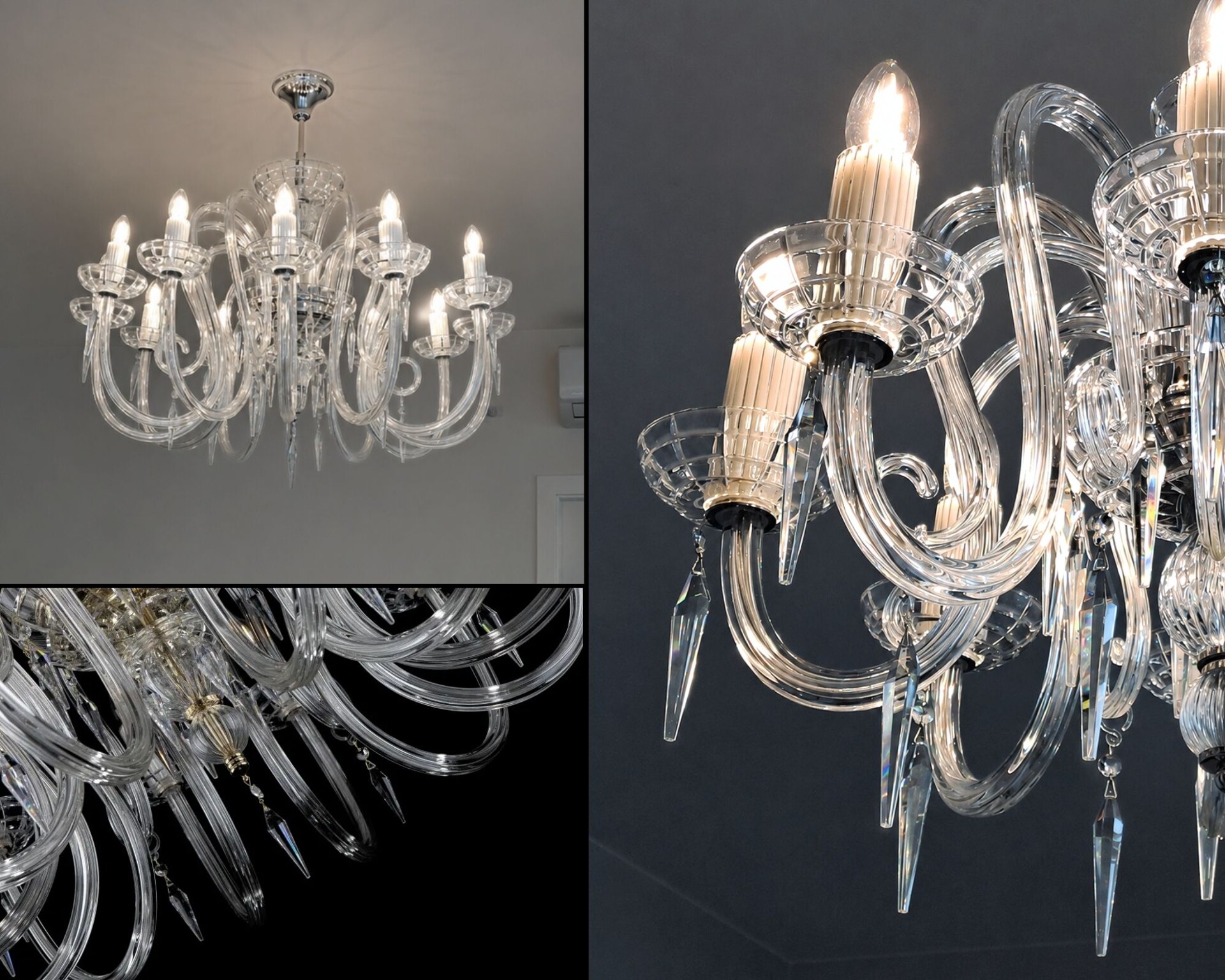 Detail of a crystal chandelier with hand-shaped glass arms, glass bobeches and cut pendants.