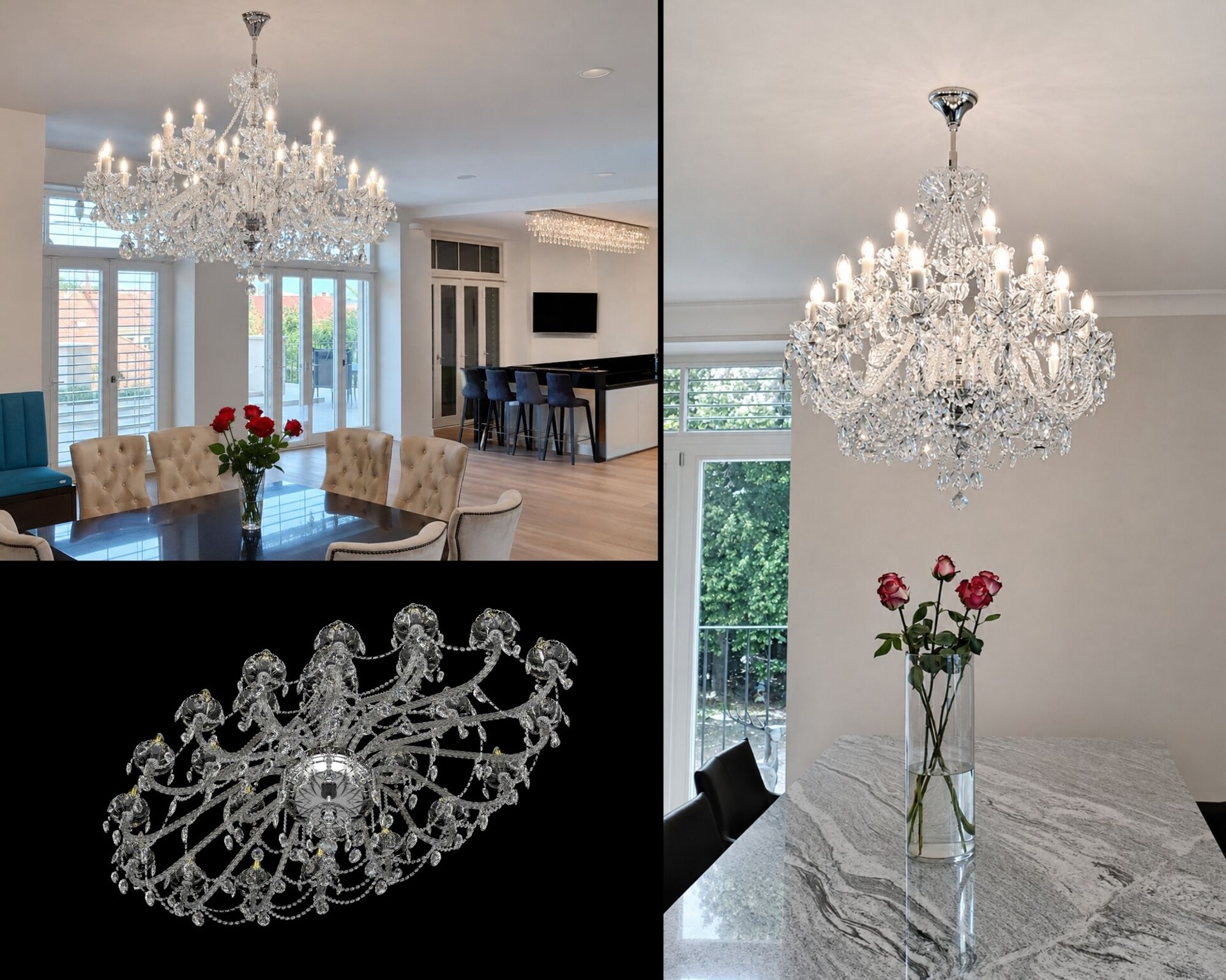 Large crystal chandelier in the dining room above a marble table, with a detail of the fitting