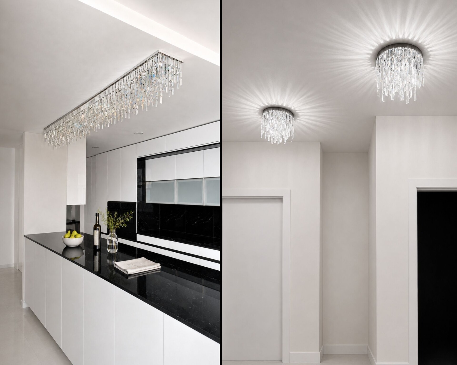 Modern crystal ceiling fitting above a kitchen island and a circular ceiling fitting in the hallway.