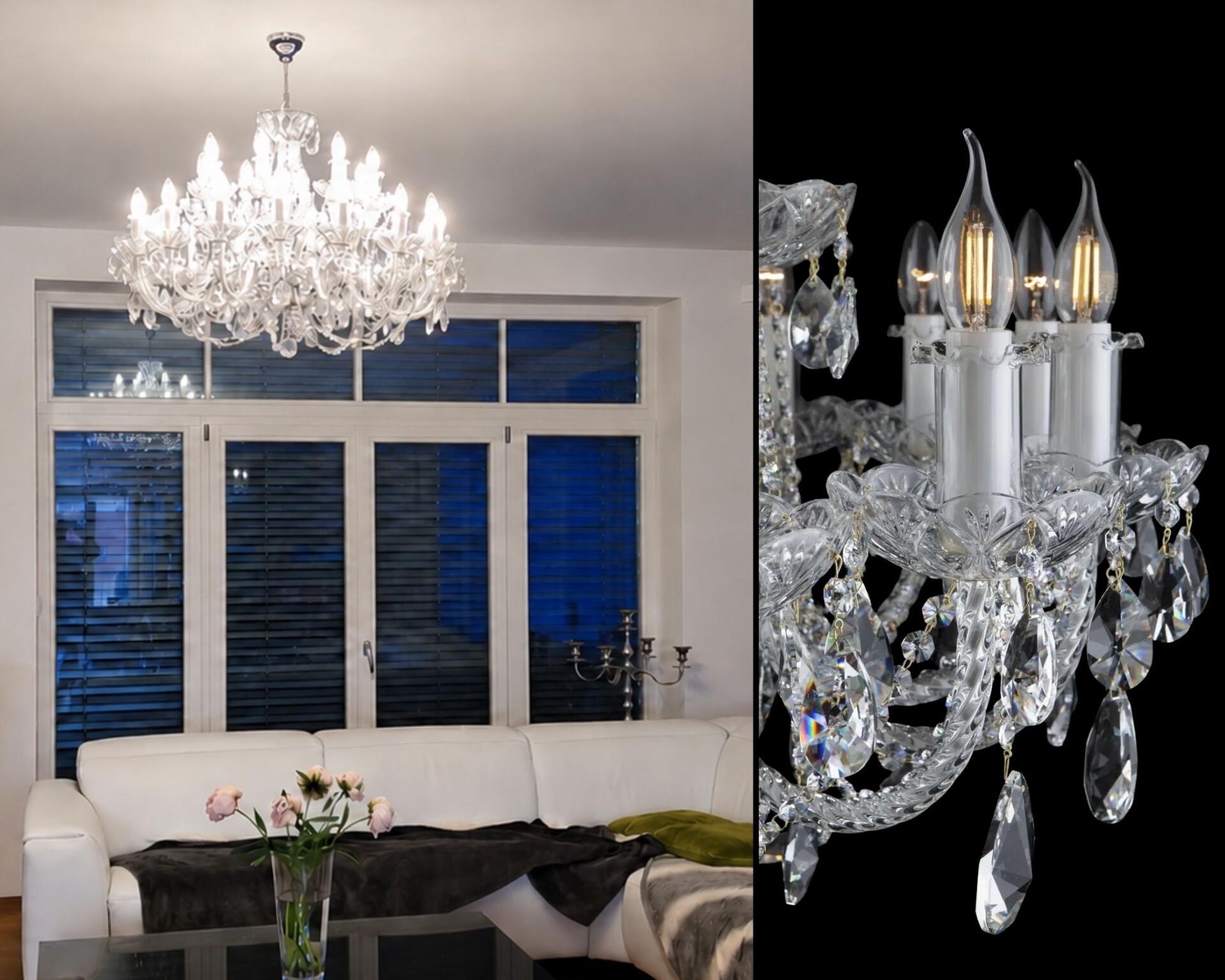 Bohemian crystal chandelier in a living room, with a detail of its hand-shaped glass arms and pendants.