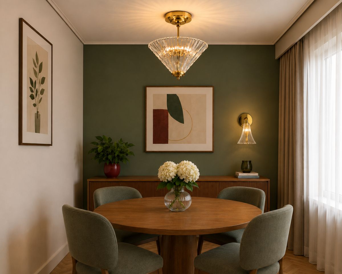 A modern dining room with a round wooden table, a crystal chandelier with a radially cut bowl above the table, and a minimalist wall light with a brass base and crystal shade on a green accent wall.