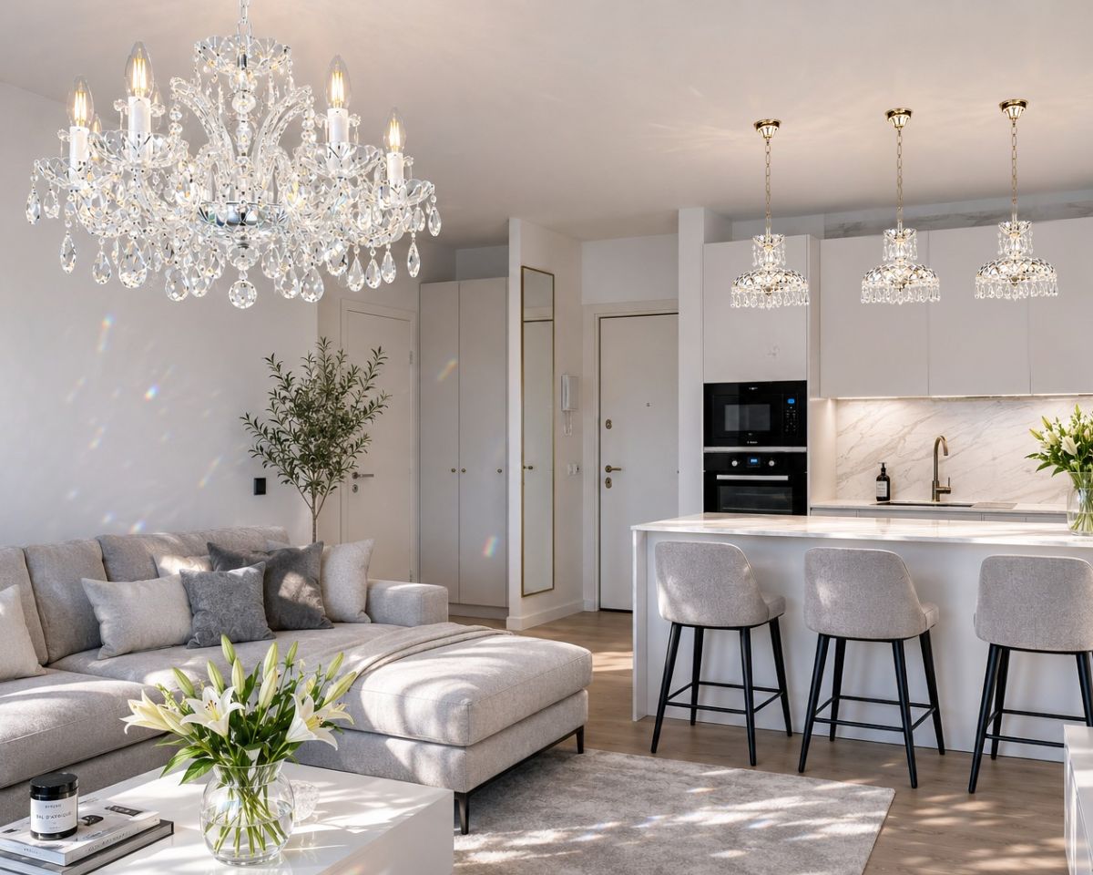 A modern open-plan apartment with a crystal chandelier above the living area and three pendant lights made of cut crystal above the kitchen island.