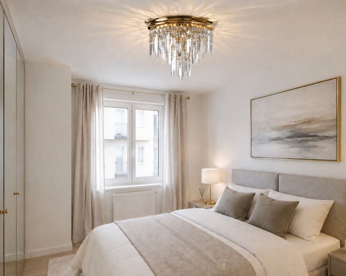 A bright bedroom with an elegant ceiling fixture decorated with chains of cut crystal pendants in square and elongated prism shapes, casting soft light reflections.