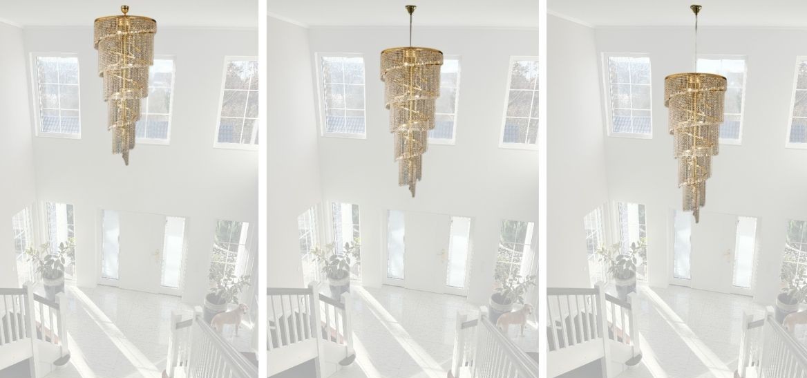 Comparison of three crystal chandelier designs in a modern residential foyer. The visualization presents different chandelier sizes, with the client selecting the third option.
