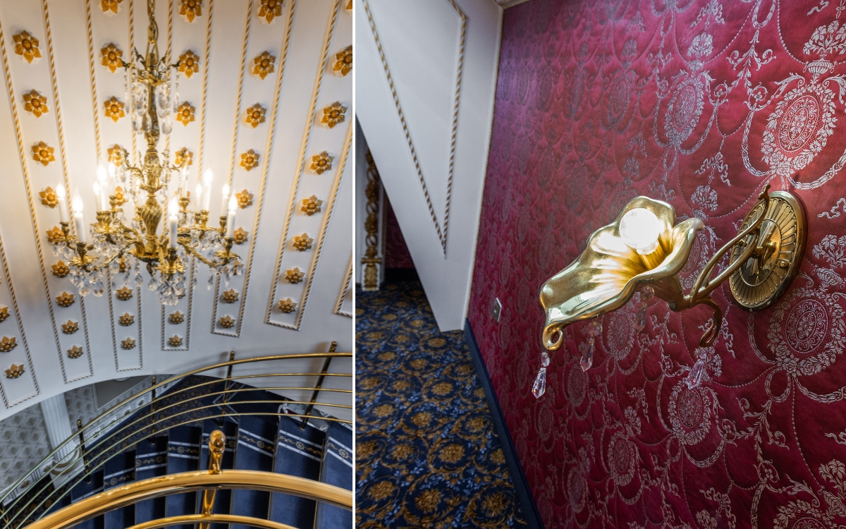 Brass chandelier with crystal pendants, 