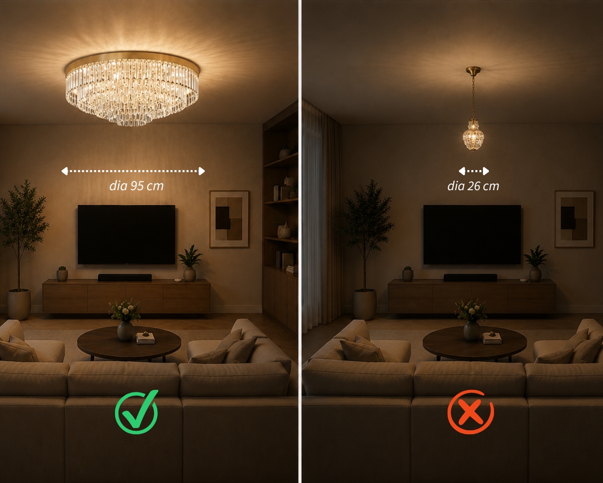 The most common mistakes when choosing a living room chandelier, including incorrect size, hanging height, and poor fit with the interior style.