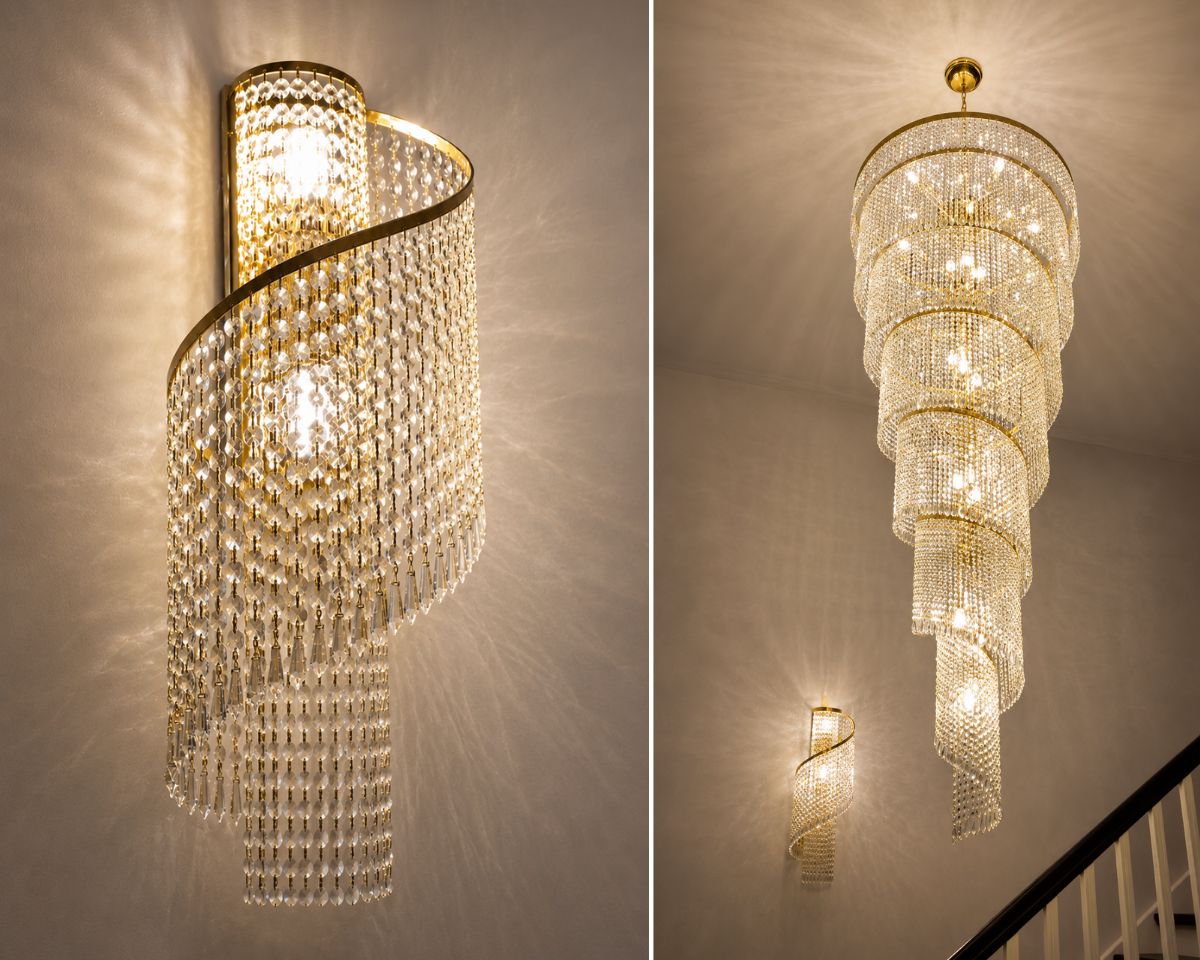 Spiral wall lighting fixture with cut crystal octagons and drops combined with polished brass elements creates an elegant lighting accent with brilliant sparkle.
