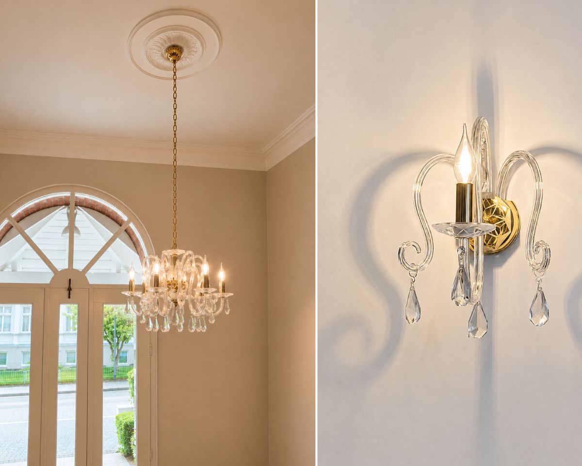 Original crystal chandelier with unusually shaped arms, frosted bowls, and cut crystal pendants complemented by an elegant wall fixture in the same design.