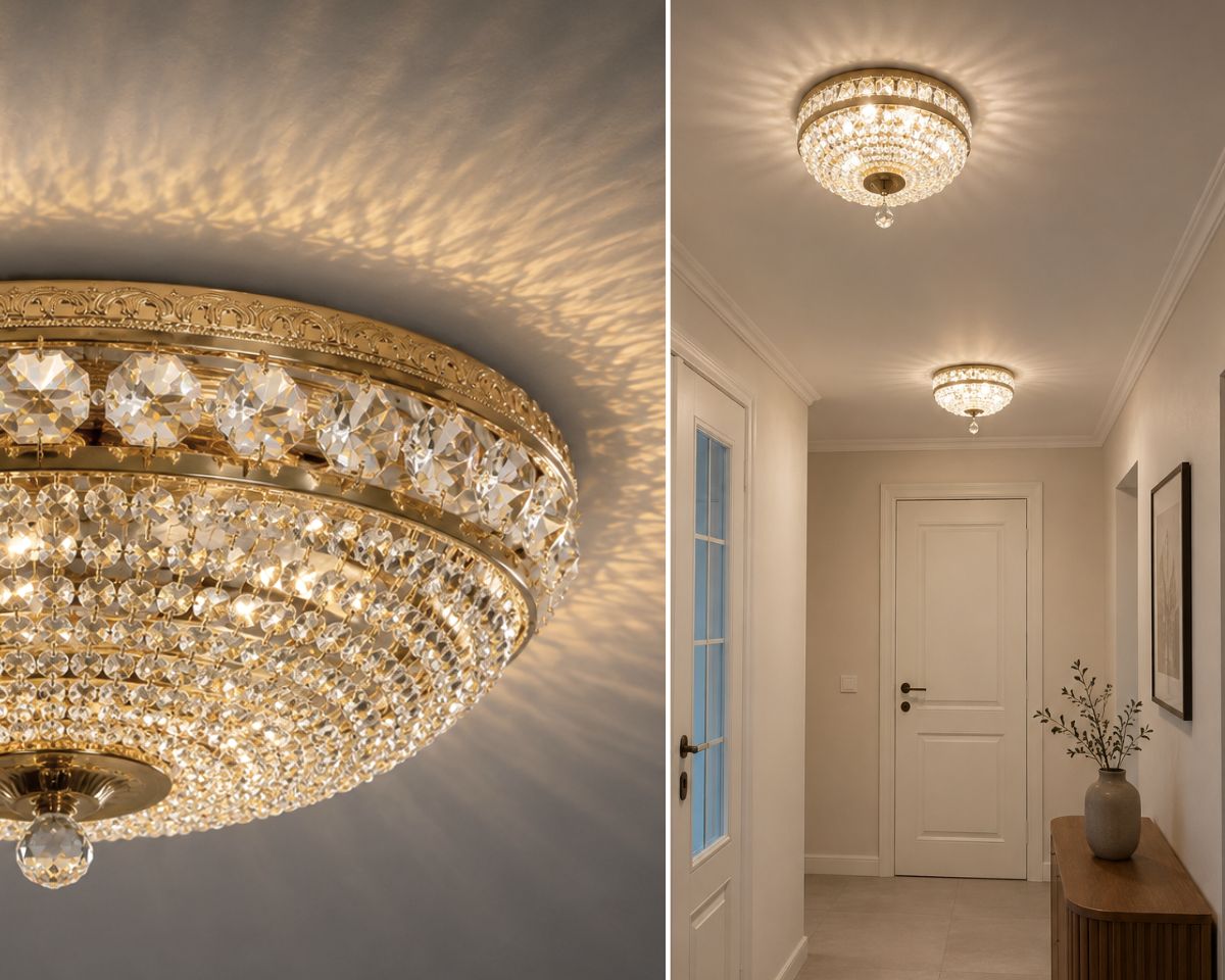 Elegant crystal ceiling fixture with six bulbs, cut crystal pendants, and a delicate metal structure in polished gold or silver finish.