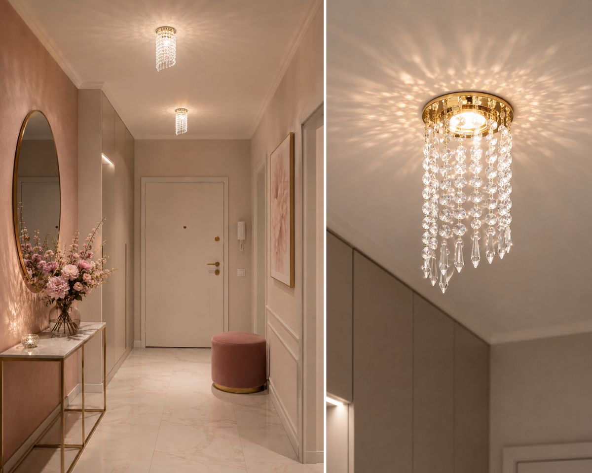 Recessed ceiling spotlight with cut crystal pendants in a spiral arrangement and pointed drops, distinguished by elegant sparkle and a delicate interplay of light.