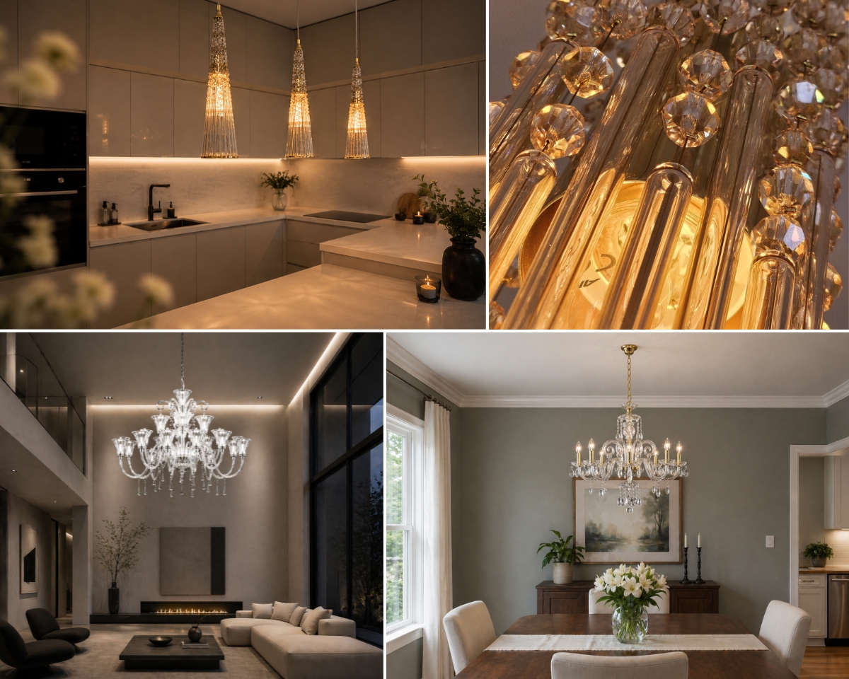 A crystal chandelier will naturally stand out above the dining table, in a living room with simple furniture, and in a modern kitchen, where it softens the clean lines and adds character to the space. A crystal chandelier above the dining table, in a modern living room, or in a minimalist kitchen creates an elegant focal point and adds depth, detail, and a subtle sparkle to the interior.