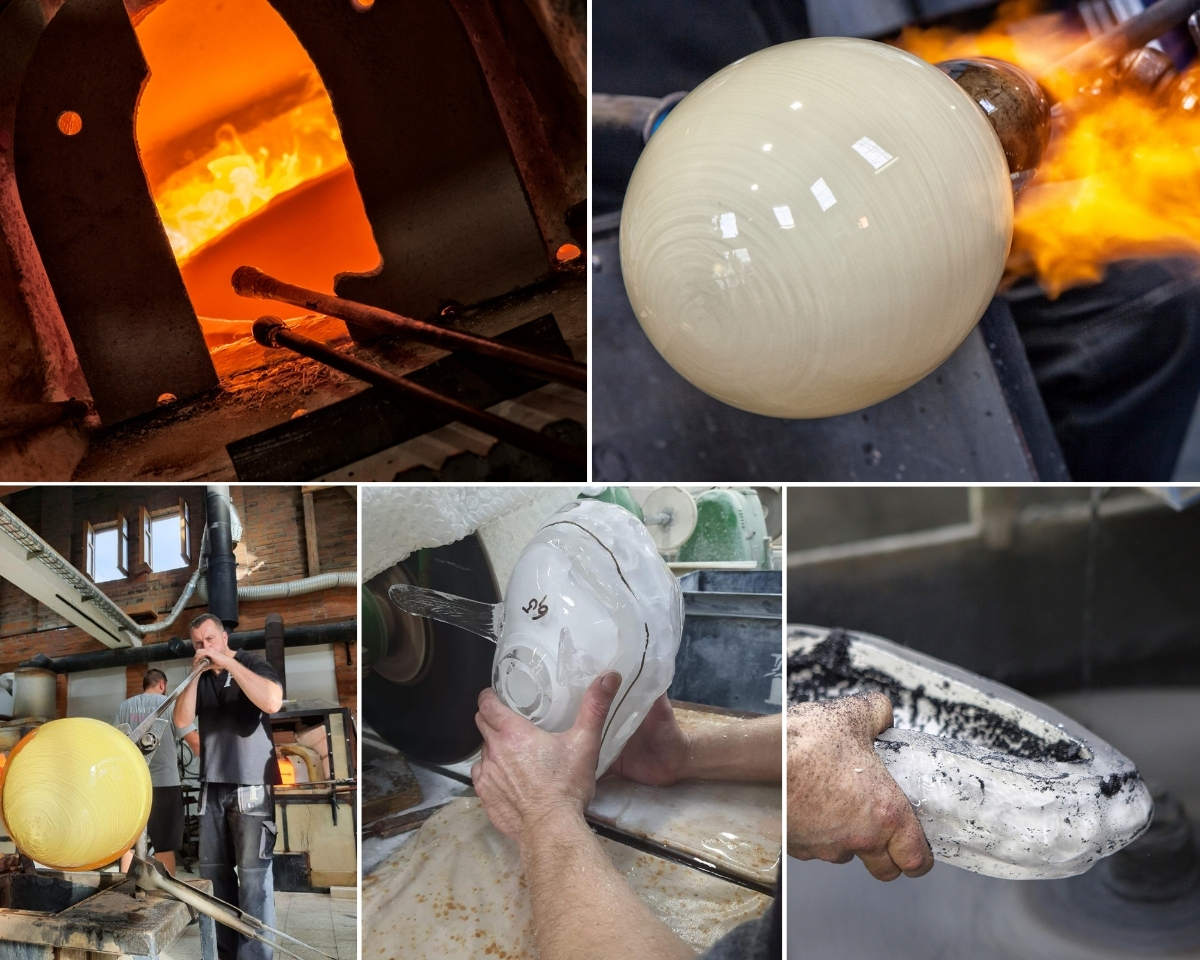 Handcrafted glass segment measuring 18 × 34 cm and weighing 3 kg. Production of a single piece takes approximately 8 hours, including 2–2.5 hours of hand polishing alone. No two lighting fixtures are ever exactly alike.