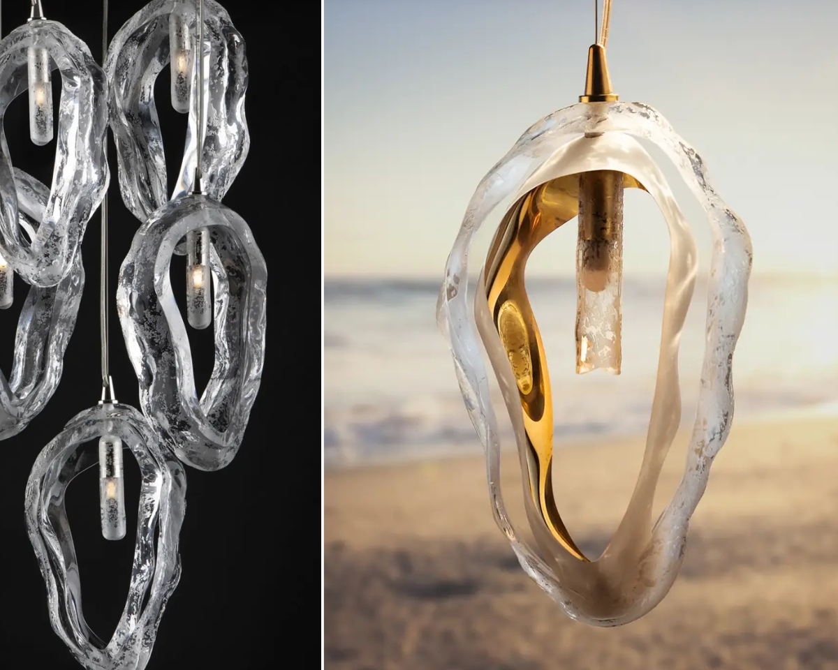 Modern lighting fixture ELS05 available in clear glass or frosted glass with a golden interior, complemented by a selection of refined metal finishes.