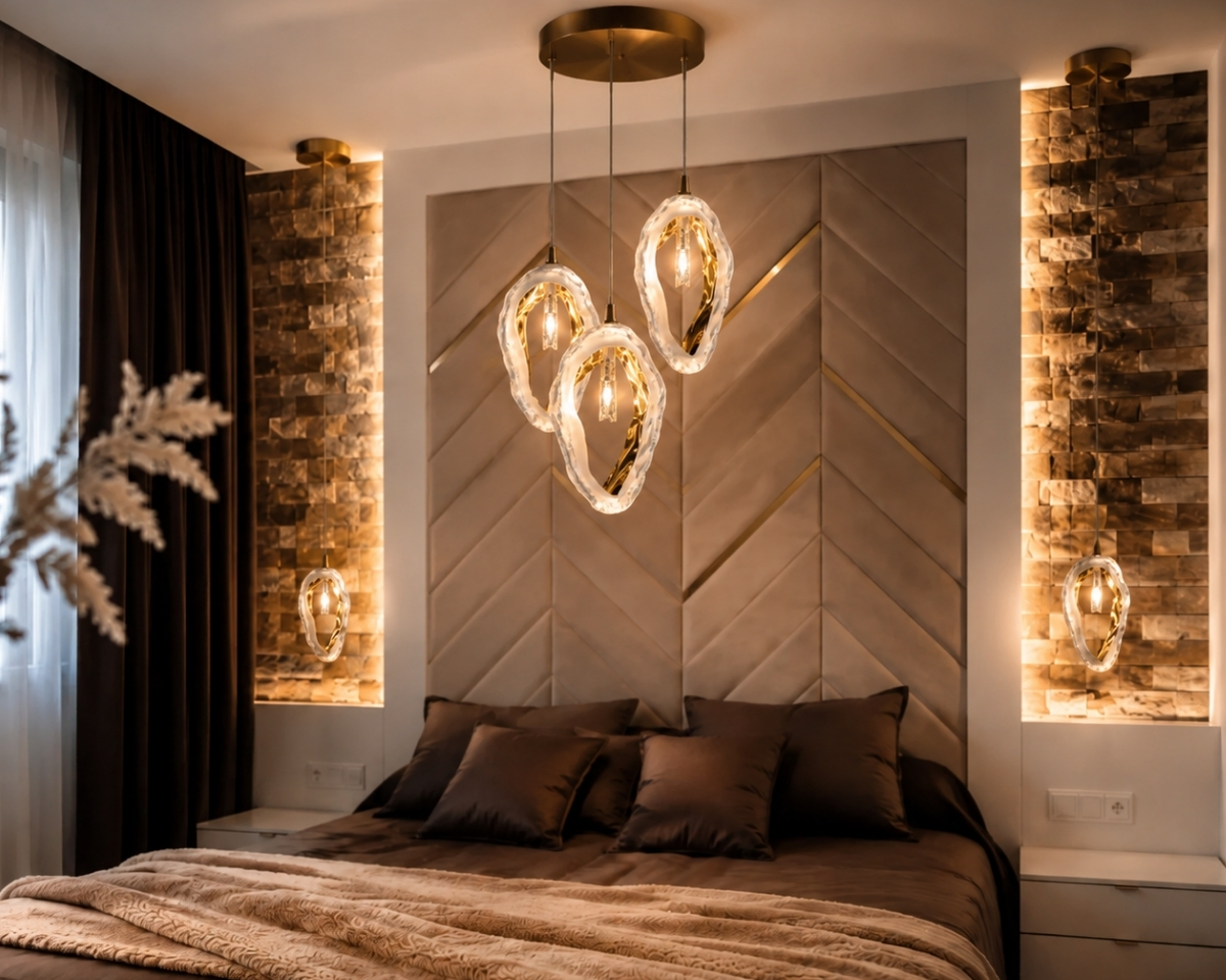Modern pendant light ELS05 available in clear glass or frosted glass with a golden interior, combined with various metal finish options.
