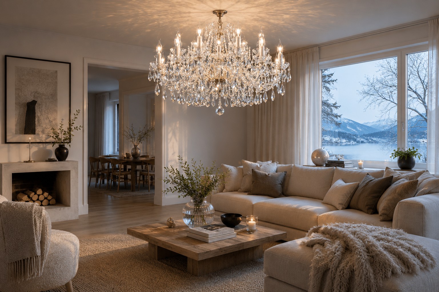 Precisely cut Czech crystal brings subtle luxury and timeless elegance into the Scandinavian interior. The statement chandelier becomes a natural focal point of the space, where clean lines and natural materials allow its sparkle and craftsmanship to stand out. Luxury cut crystal chandelier in a modern Scandinavian interior with light wood, neutral tones, and an elegant atmosphere.