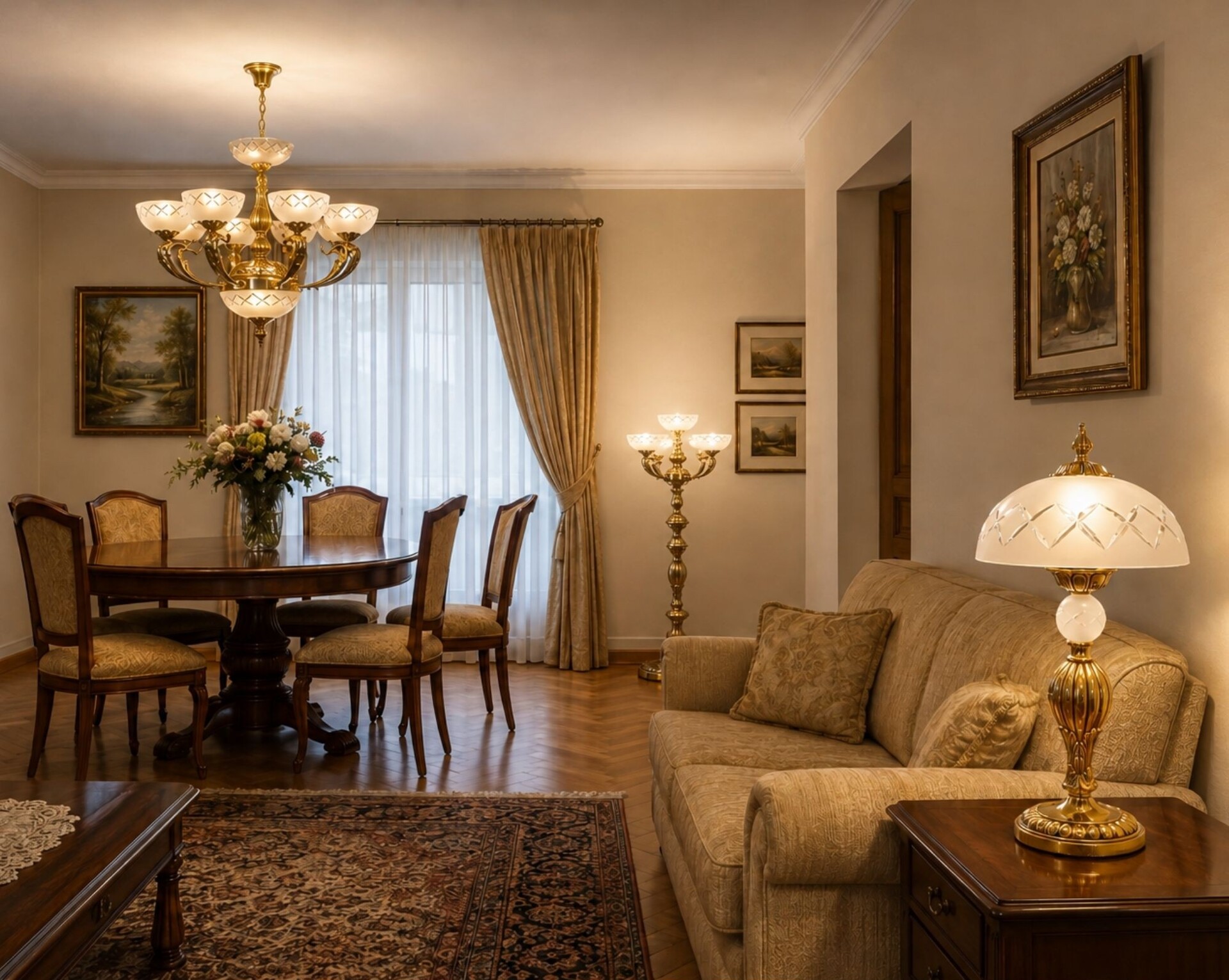 Brass chandelier with white glass shades in a living room, matched with a floor lamp and table lamp from the same collection