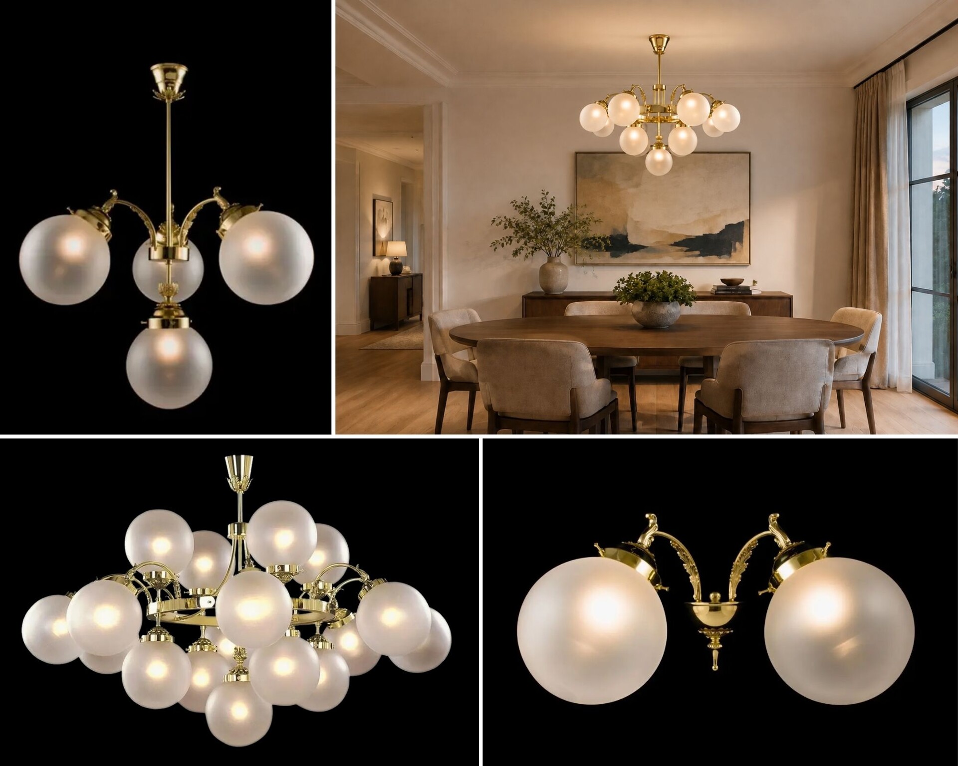 Brass lights with opal glass globes in 1950s style — chandelier, ceiling light and wall lamp