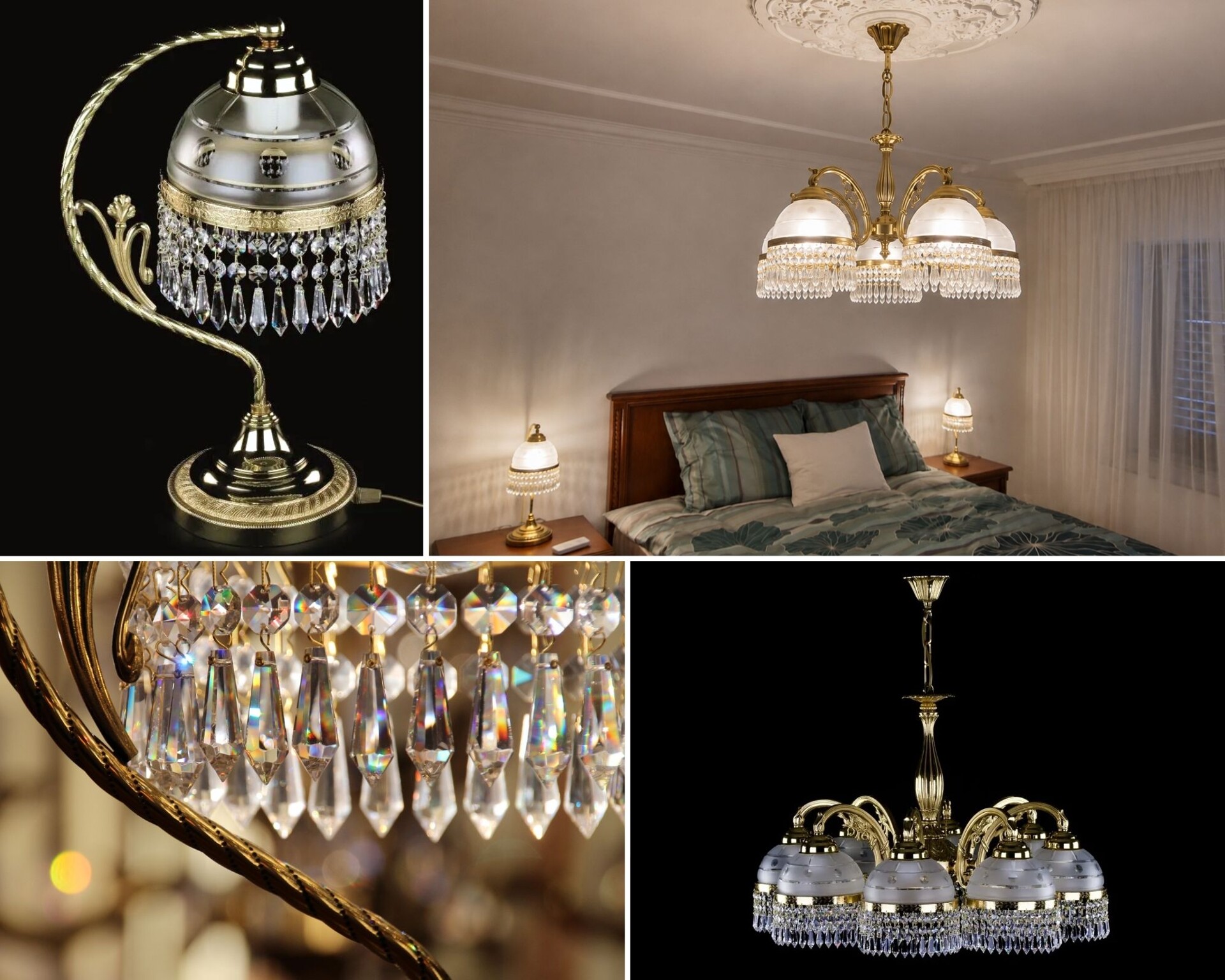 Close-up of hand-cut crystal drops on a brass chandelier throwing rainbow reflections